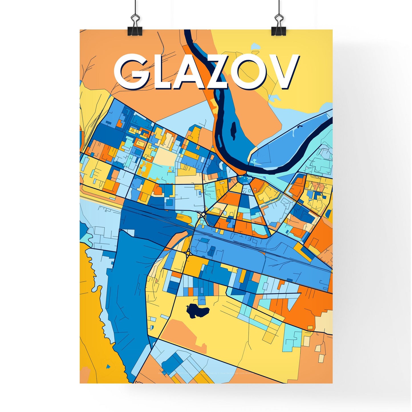 GLAZOV RUSSIA Vibrant Colorful Art Map Poster Blue Orange