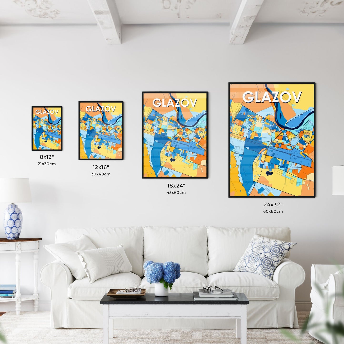 GLAZOV RUSSIA Vibrant Colorful Art Map Poster Blue Orange