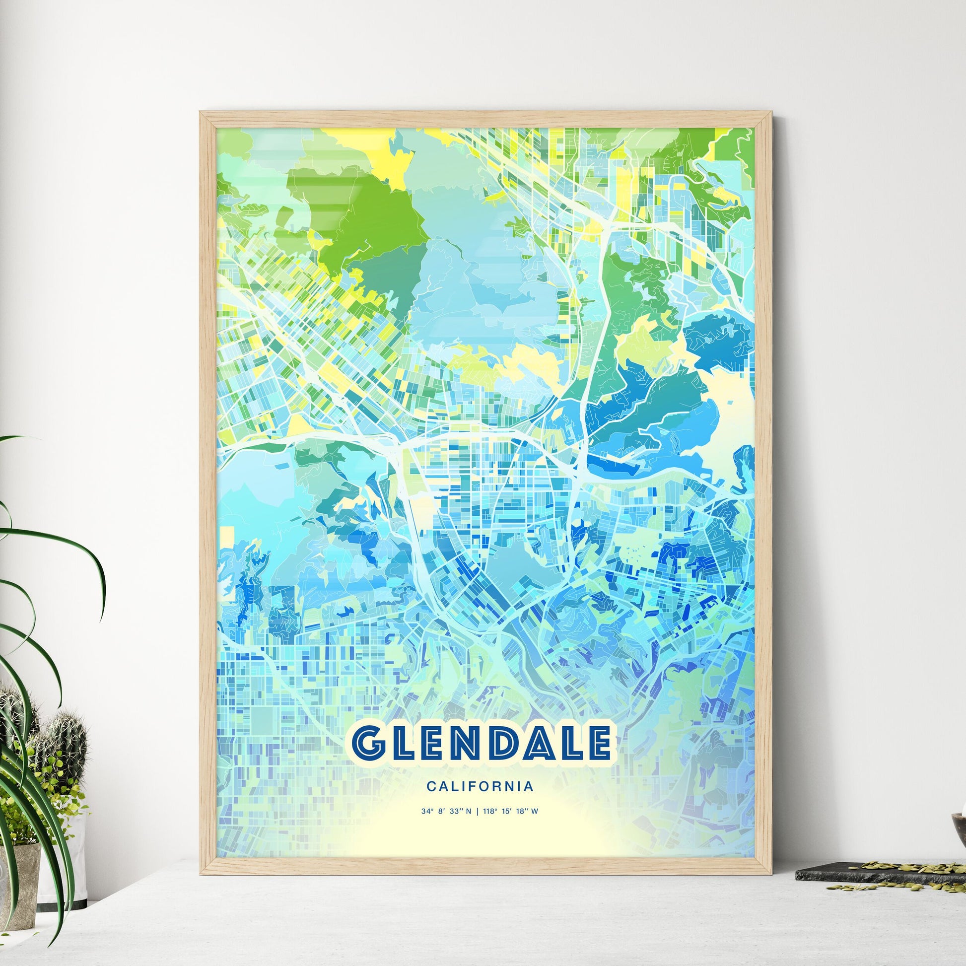 Colorful Glendale California Fine Art Map Cool Blue