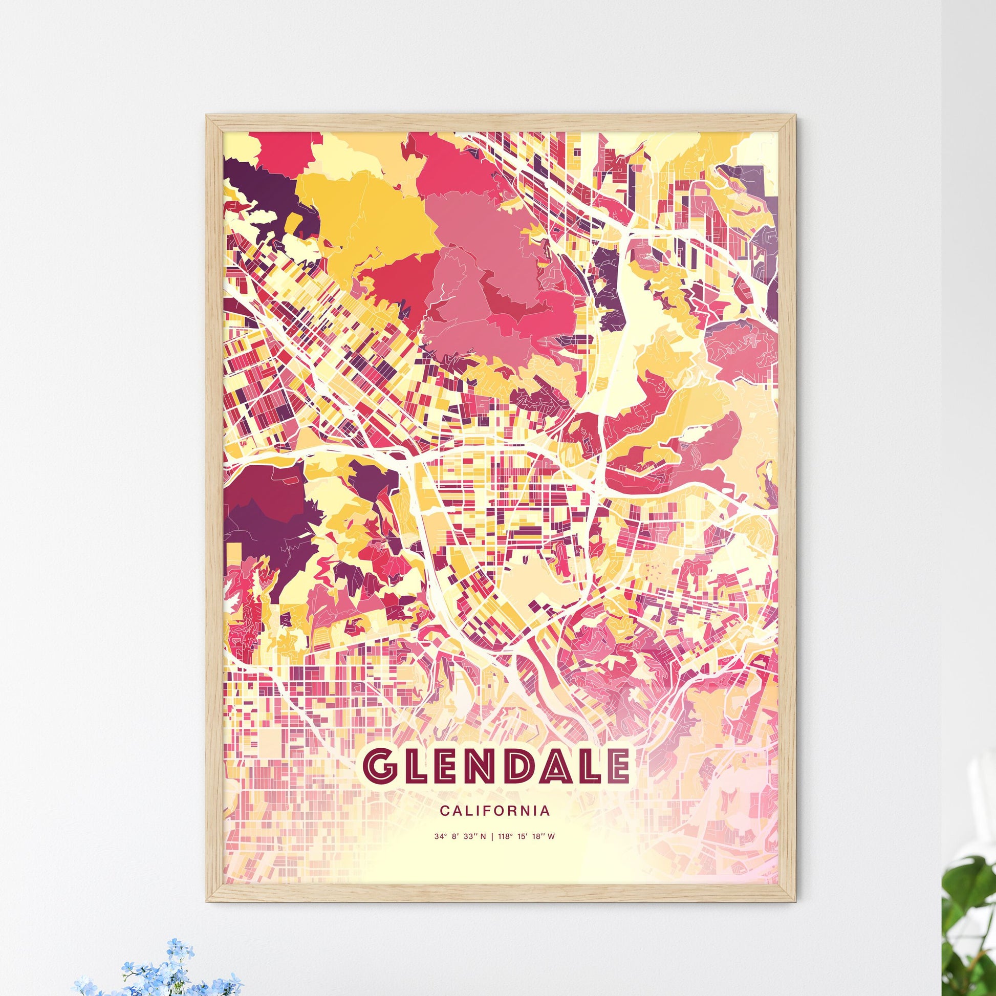 Colorful Glendale California Fine Art Map Hot Red