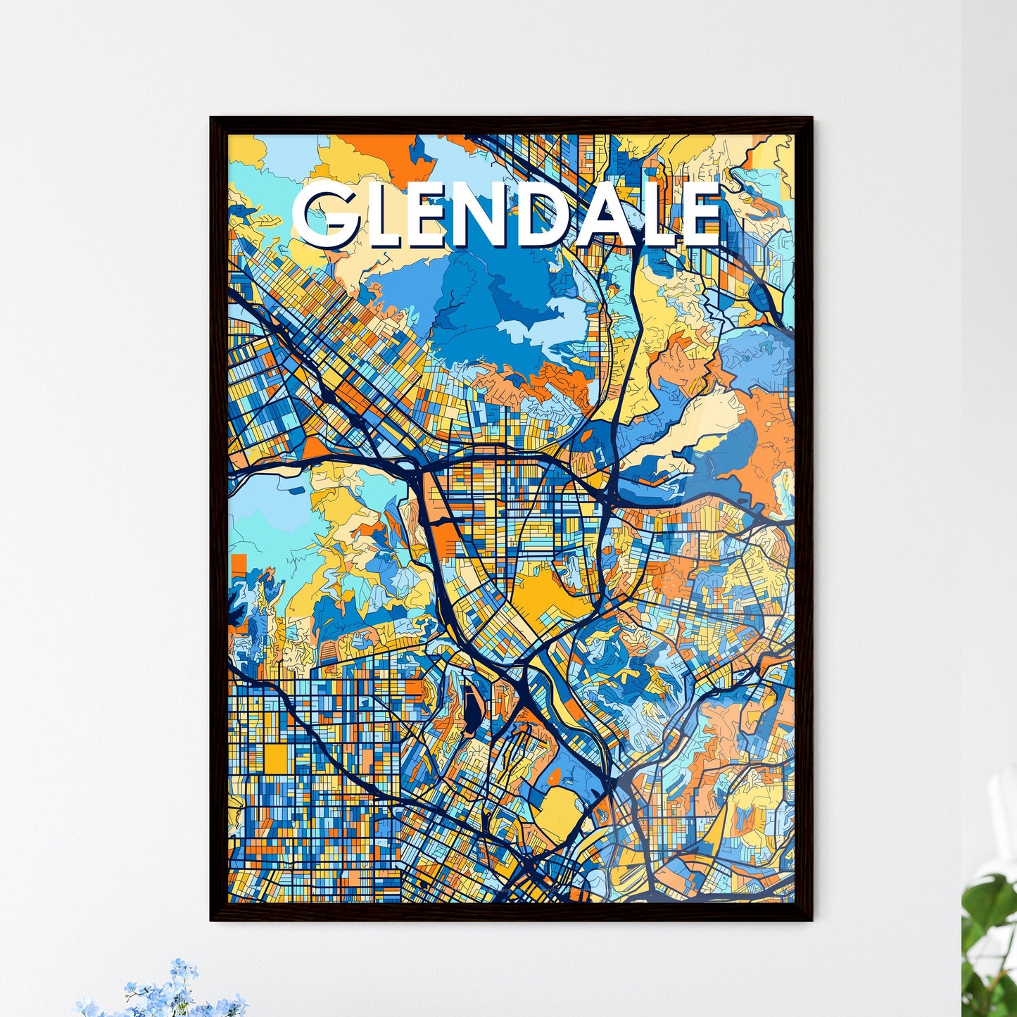 GLENDALE CALIFORNIA Vibrant Colorful Art Map Poster Blue Orange