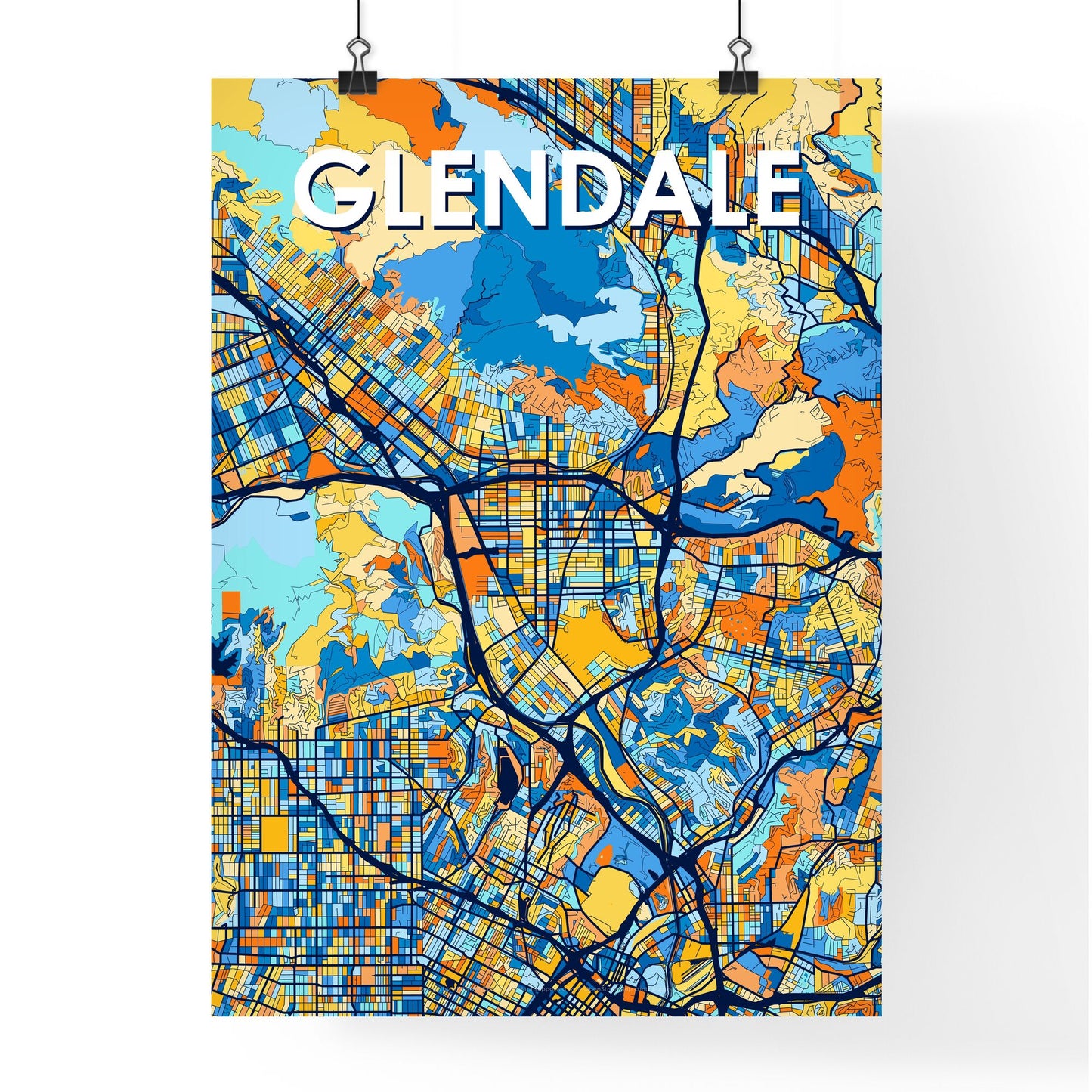 GLENDALE CALIFORNIA Vibrant Colorful Art Map Poster Blue Orange