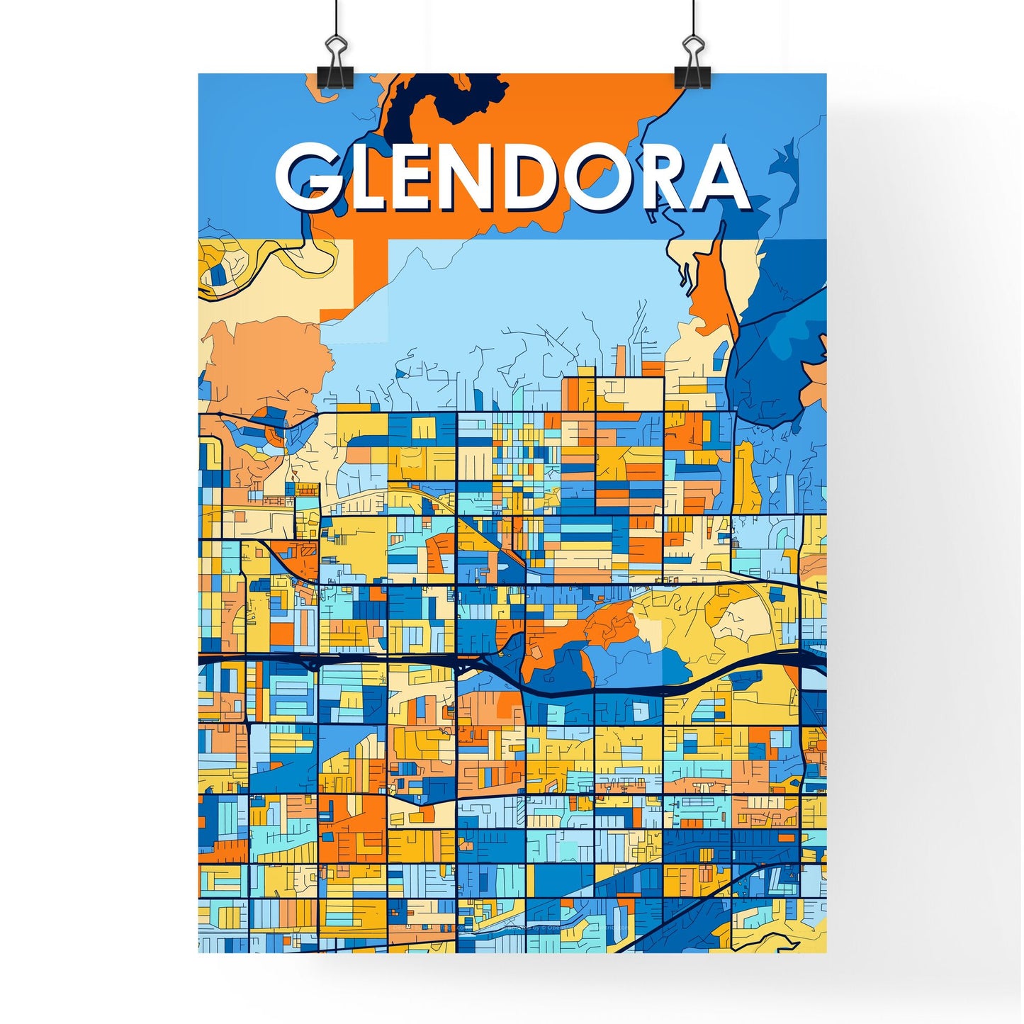 GLENDORA CALIFORNIA Vibrant Colorful Art Map Poster Blue Orange