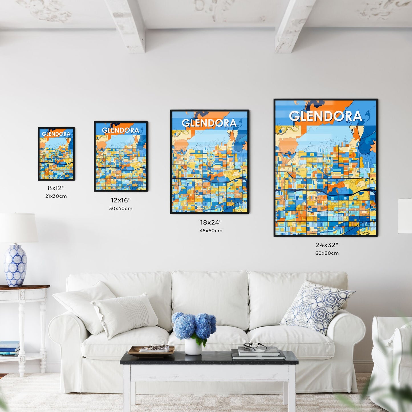 GLENDORA CALIFORNIA Vibrant Colorful Art Map Poster Blue Orange