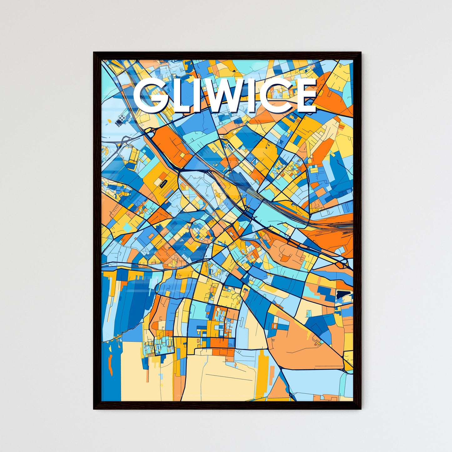 GLIWICE POLAND Vibrant Colorful Art Map Poster Blue Orange