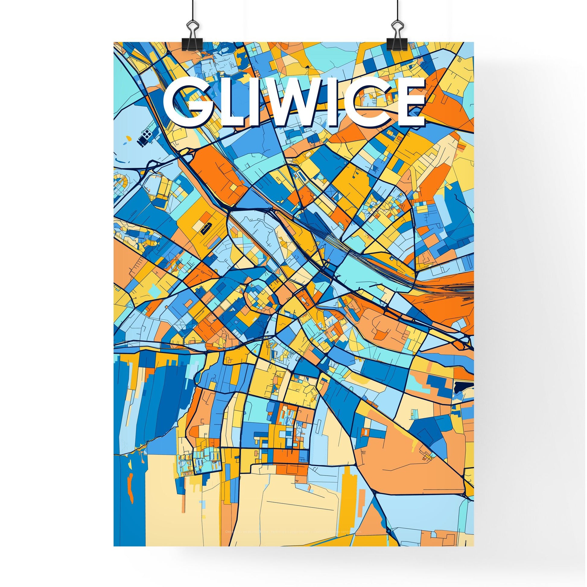 GLIWICE POLAND Vibrant Colorful Art Map Poster Blue Orange