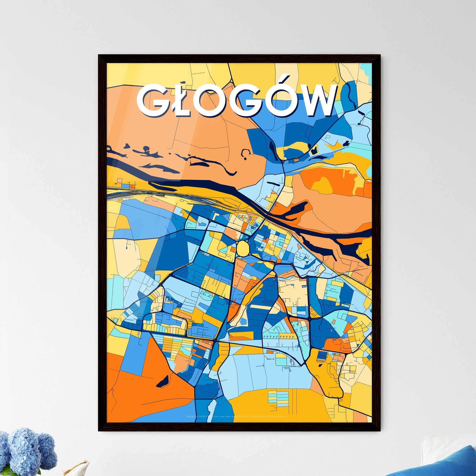 GŁOGÓW POLAND Vibrant Colorful Art Map Poster Blue Orange