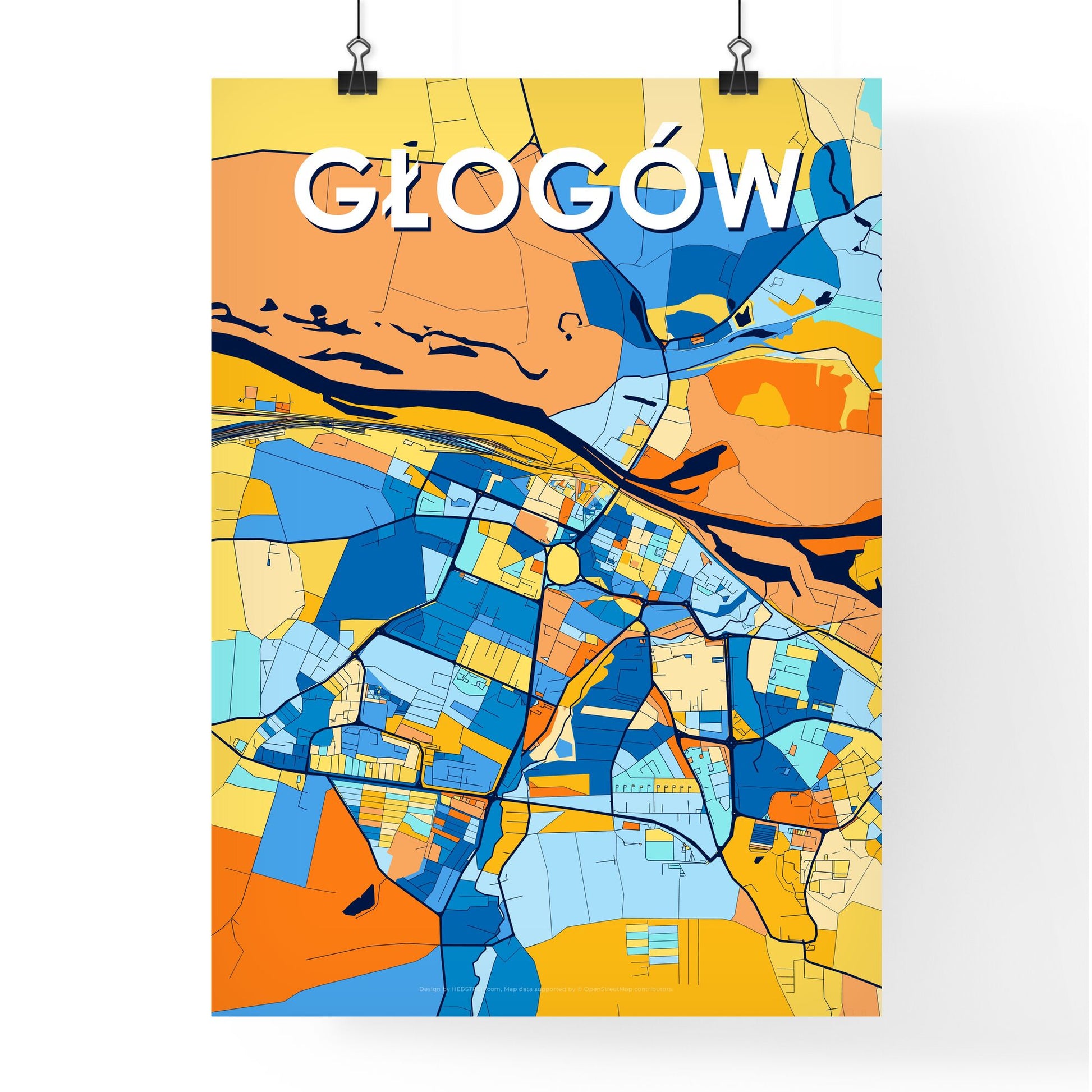 GŁOGÓW POLAND Vibrant Colorful Art Map Poster Blue Orange