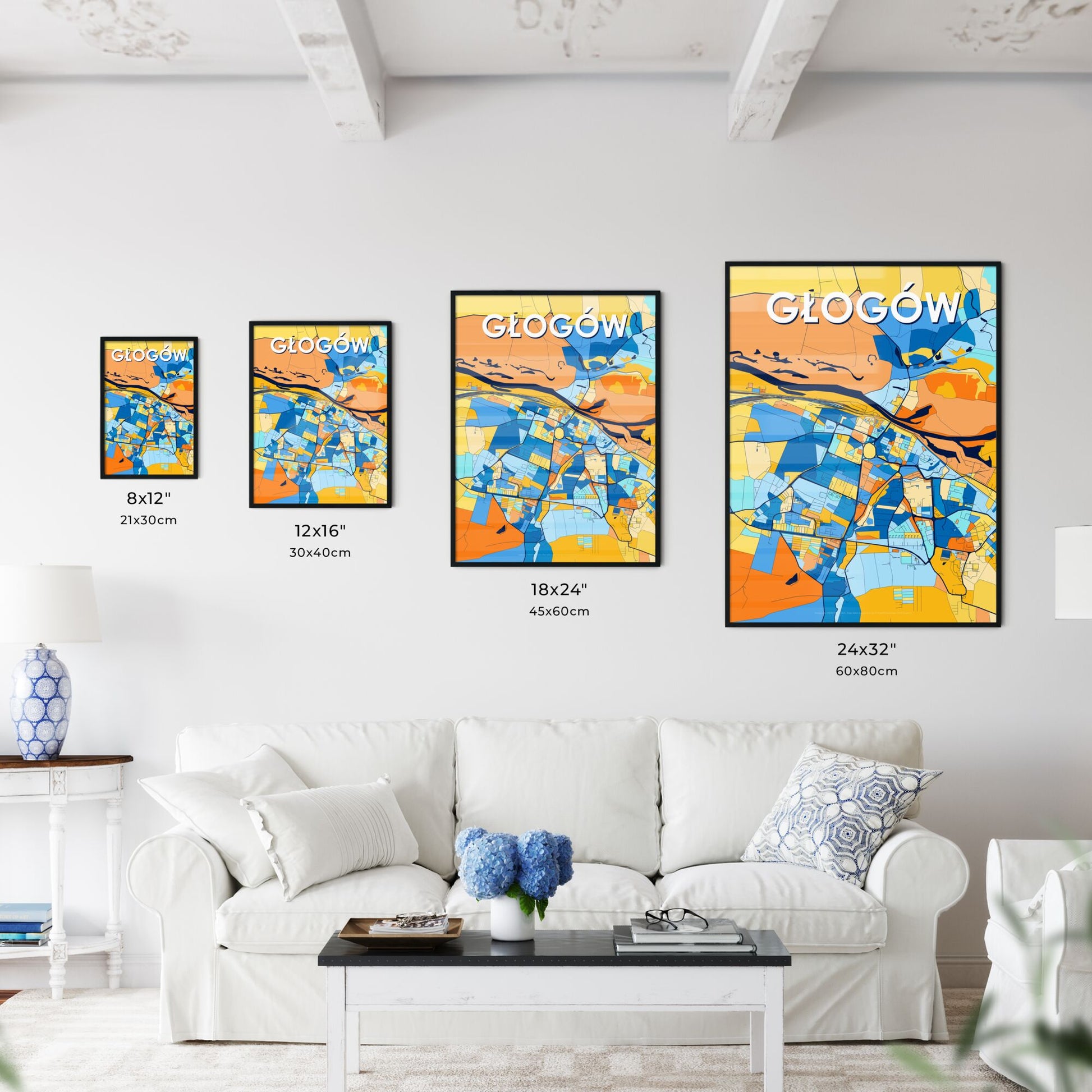 GŁOGÓW POLAND Vibrant Colorful Art Map Poster Blue Orange