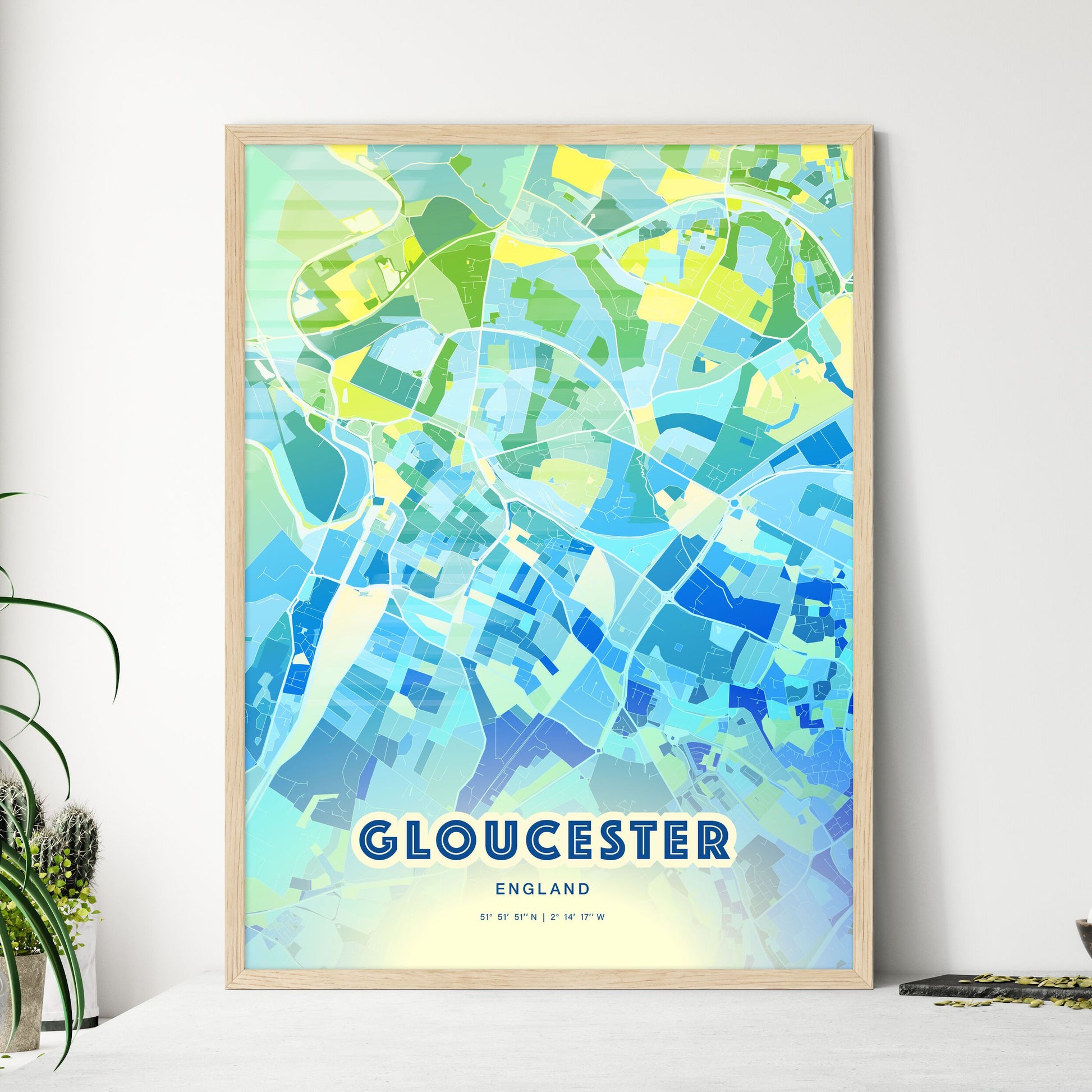 Colorful Gloucester England Fine Art Map Cool Blue