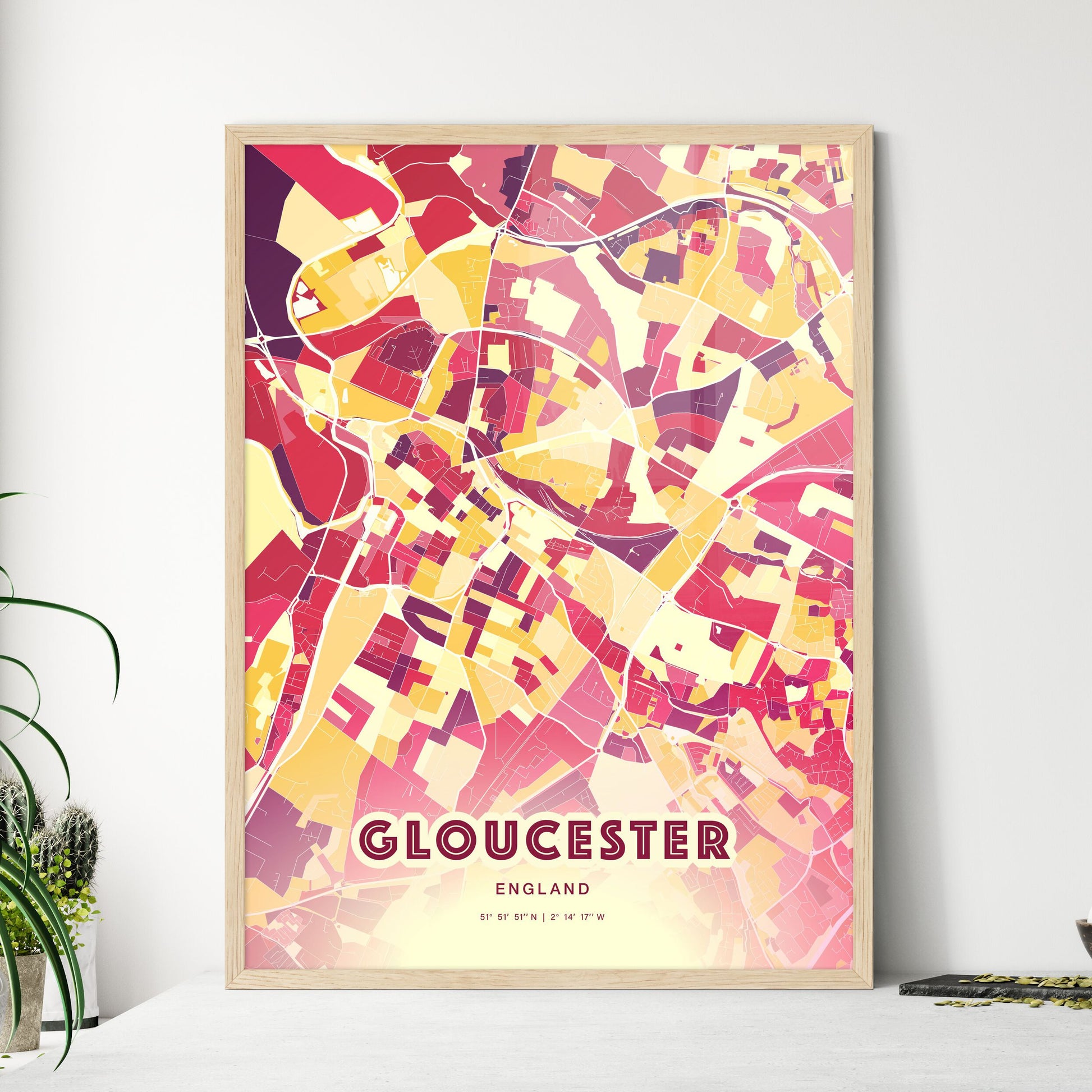 Colorful Gloucester England Fine Art Map Hot Red