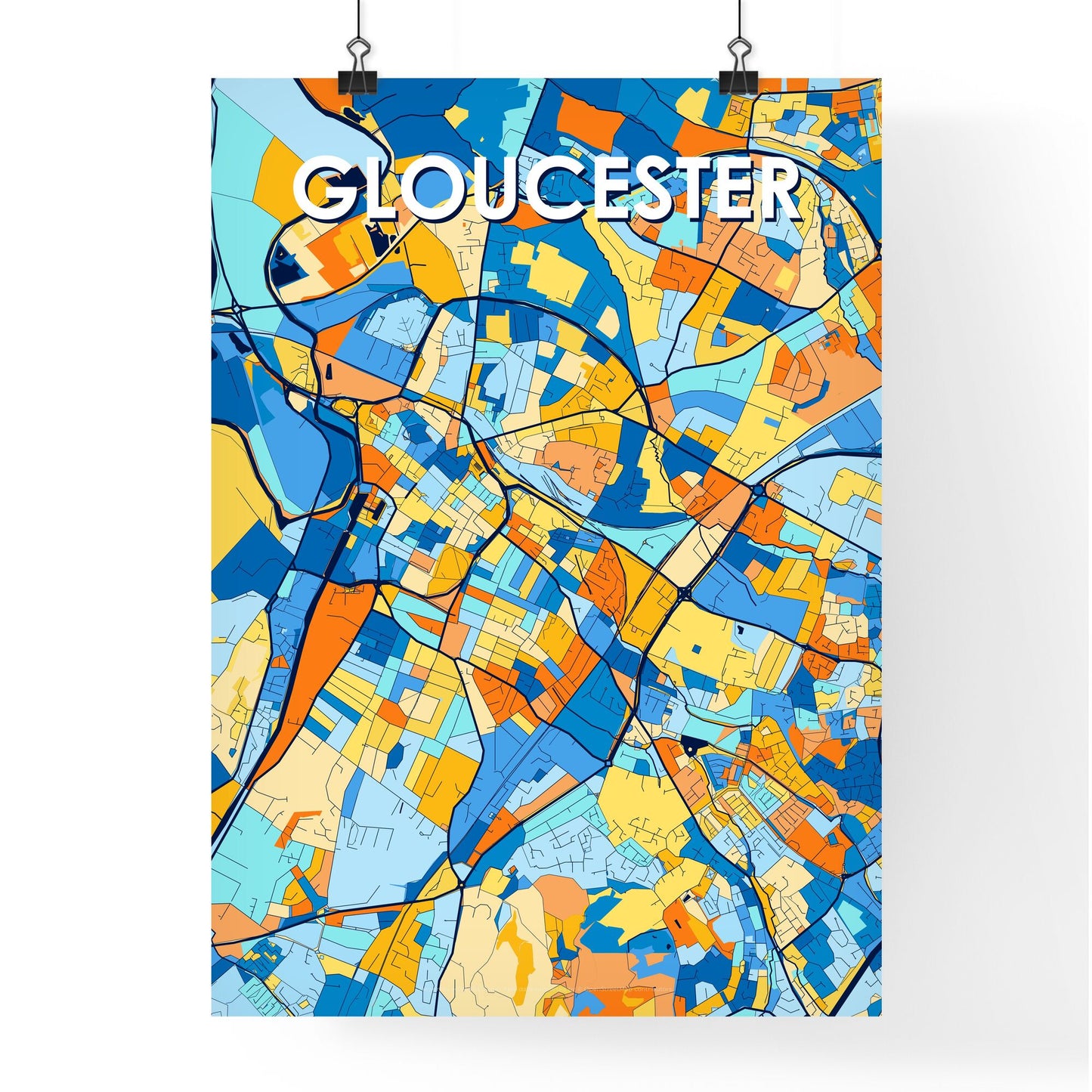 GLOUCESTER ENGLAND Vibrant Colorful Art Map Poster Blue Orange