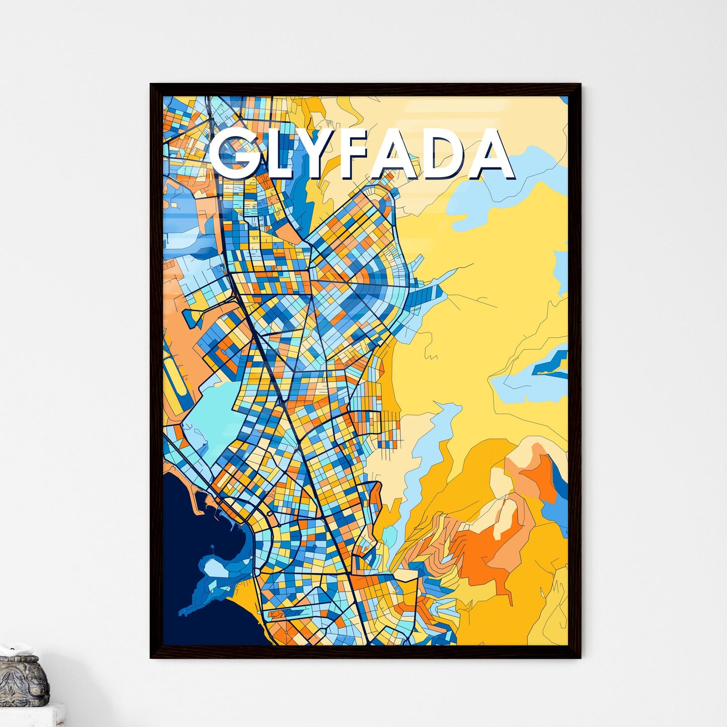 GLYFADA GREECE Vibrant Colorful Art Map Poster Blue Orange