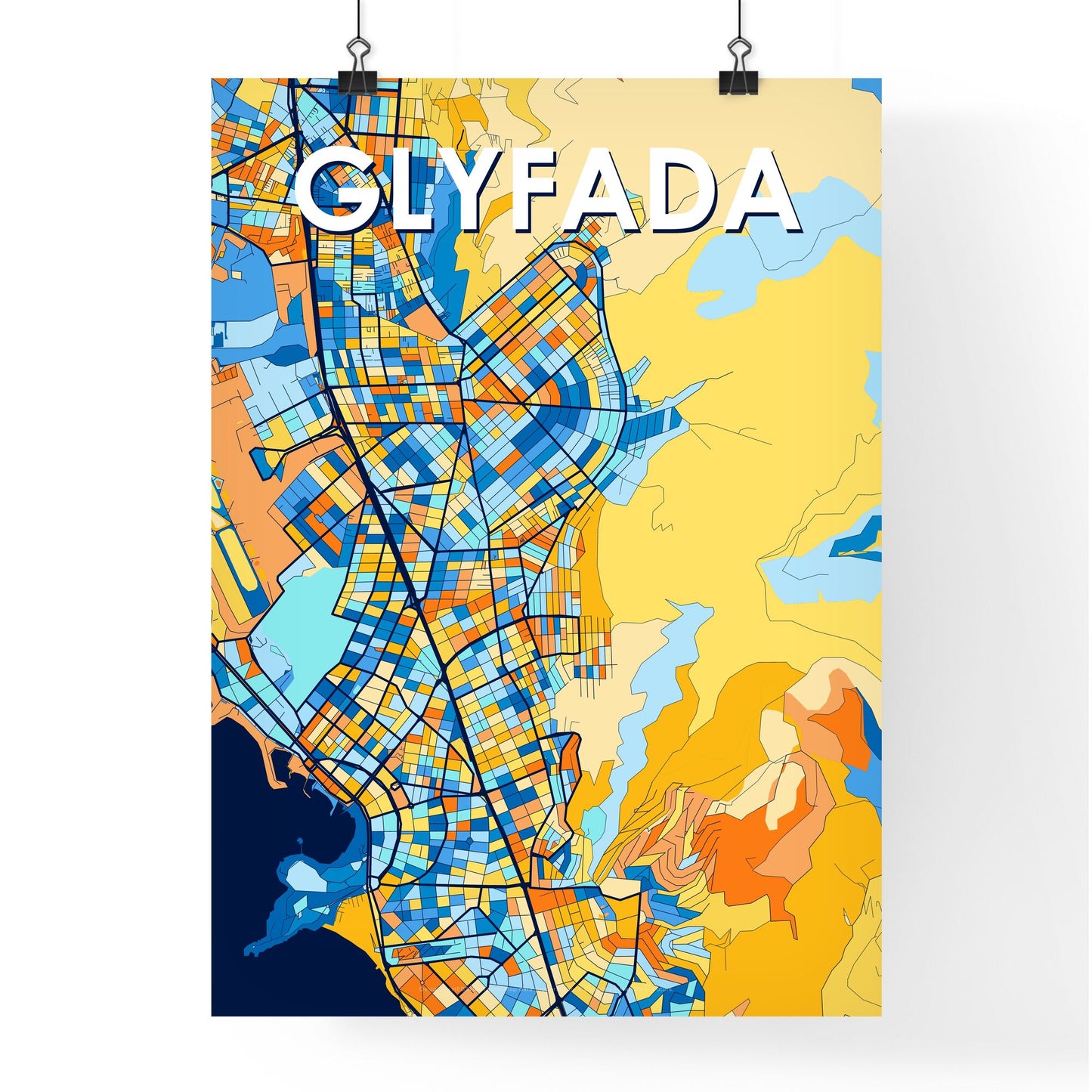 GLYFADA GREECE Vibrant Colorful Art Map Poster Blue Orange