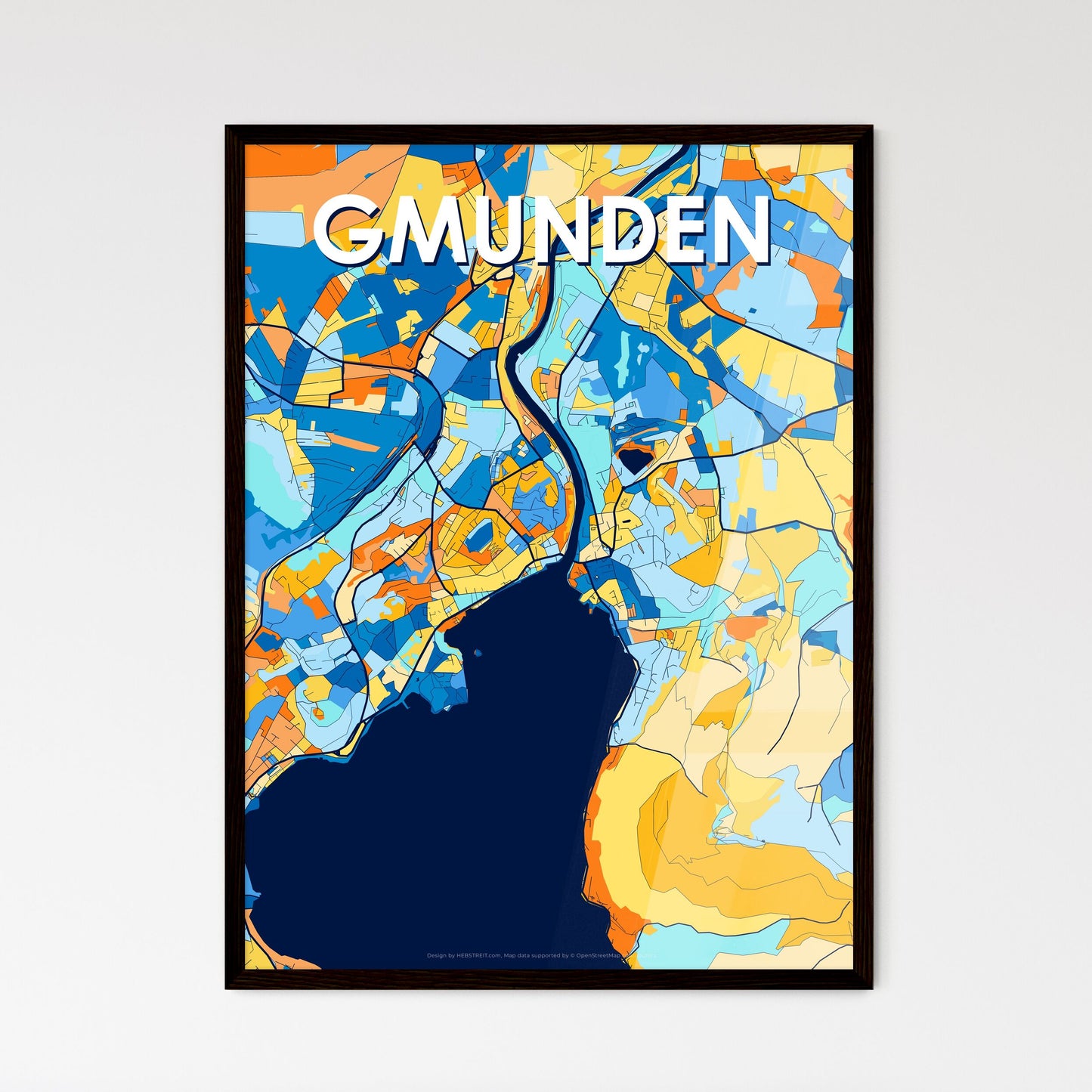 GMUNDEN AUSTRIA Vibrant Colorful Art Map Poster Blue Orange