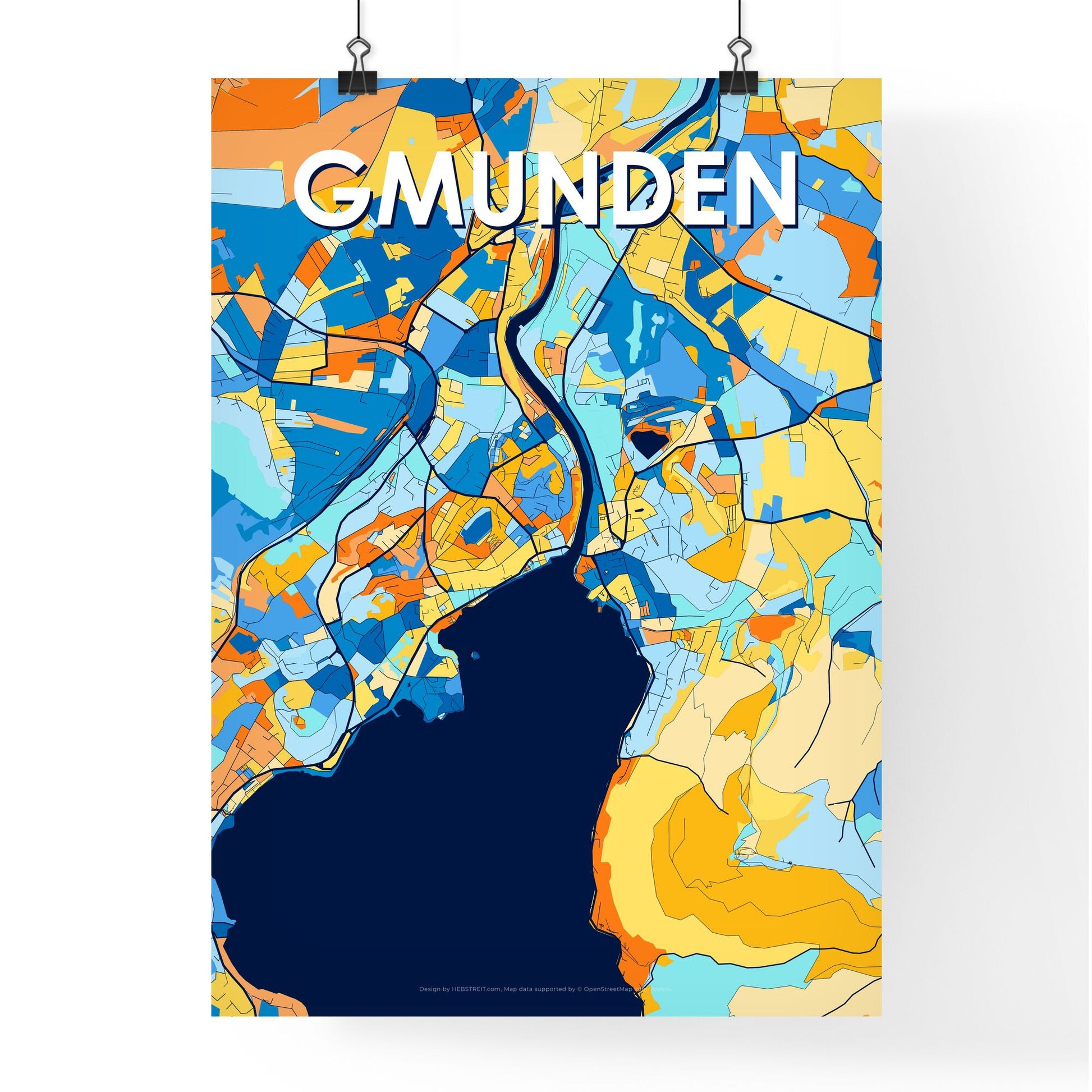 GMUNDEN AUSTRIA Vibrant Colorful Art Map Poster Blue Orange