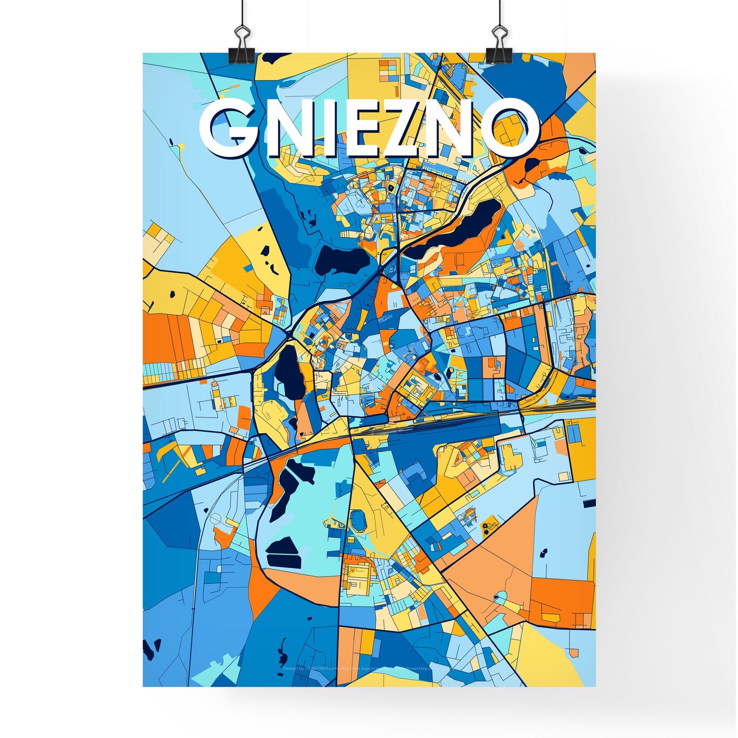 GNIEZNO POLAND Vibrant Colorful Art Map Poster Blue Orange