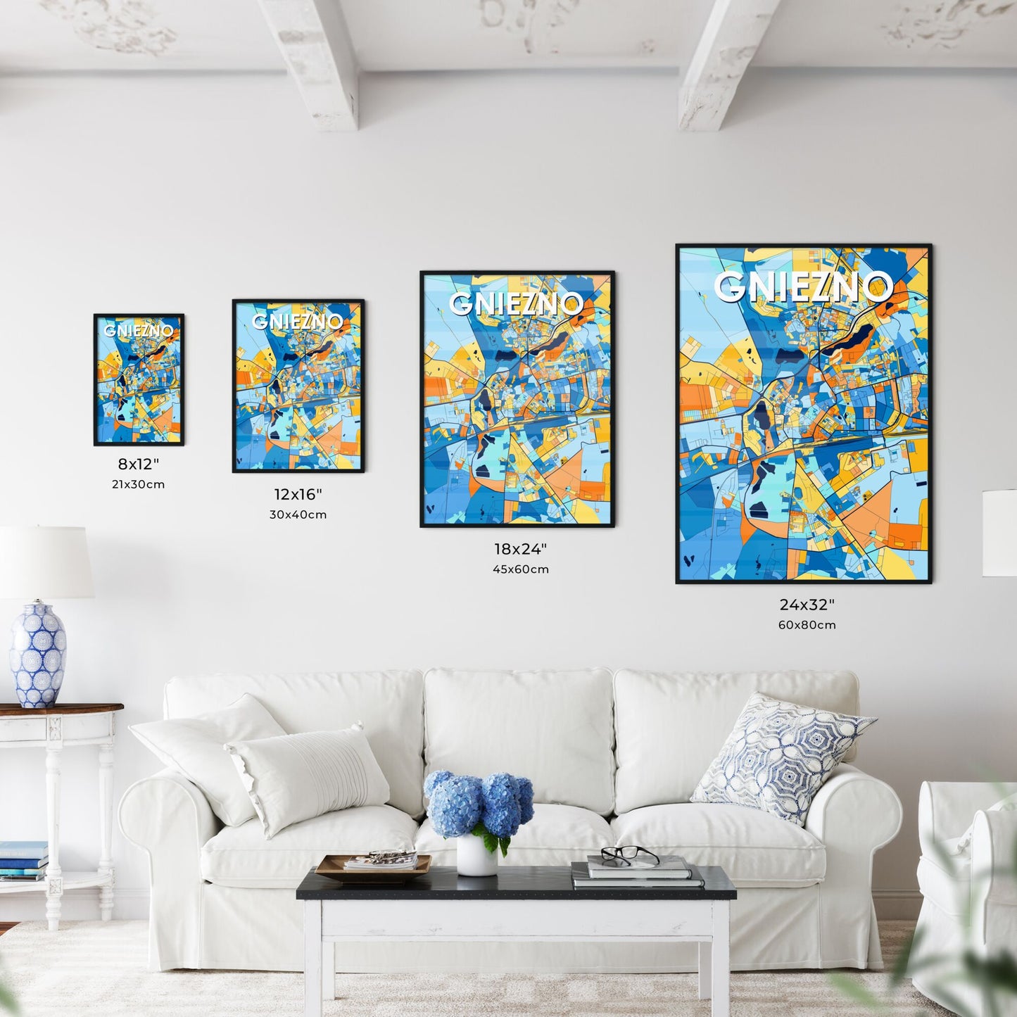 GNIEZNO POLAND Vibrant Colorful Art Map Poster Blue Orange