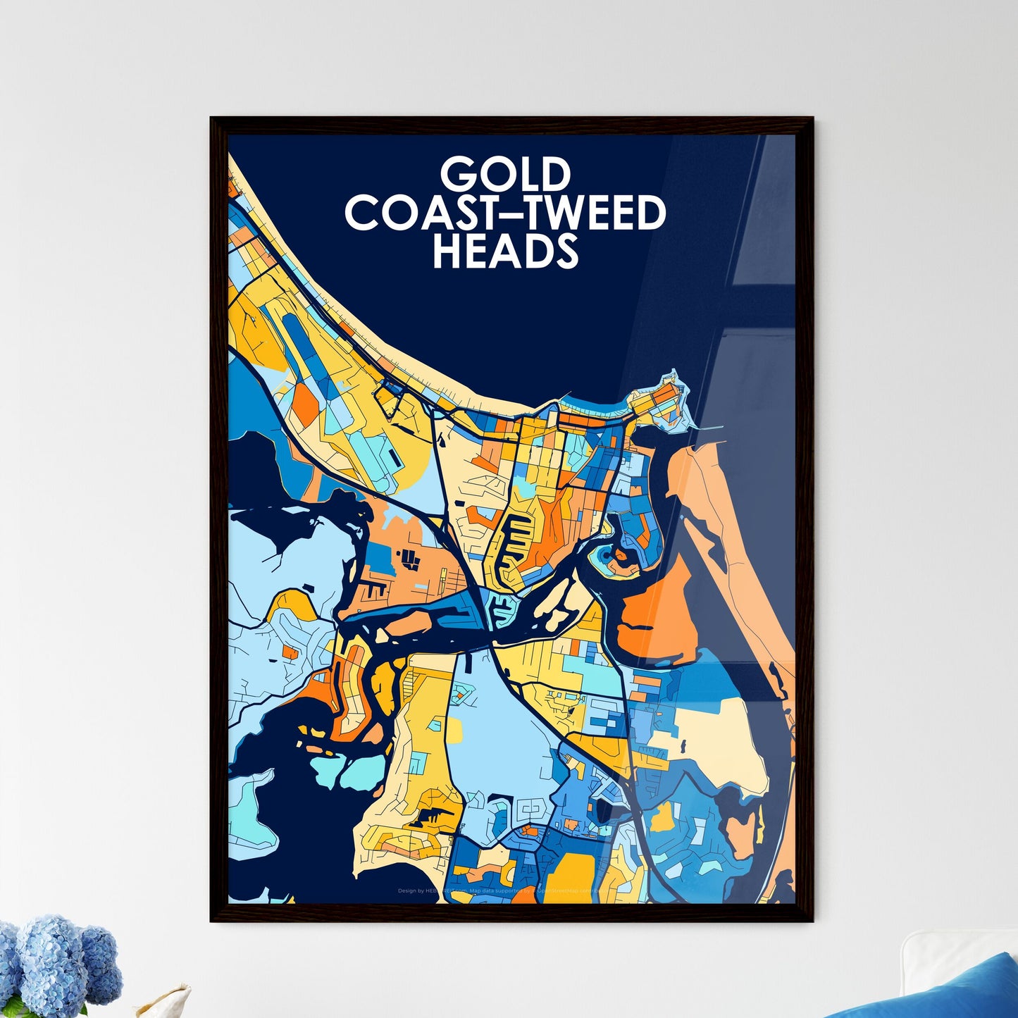 GOLD COAST–TWEED HEADS AUSTRALIA Vibrant Colorful Art Map Poster Blue Orange