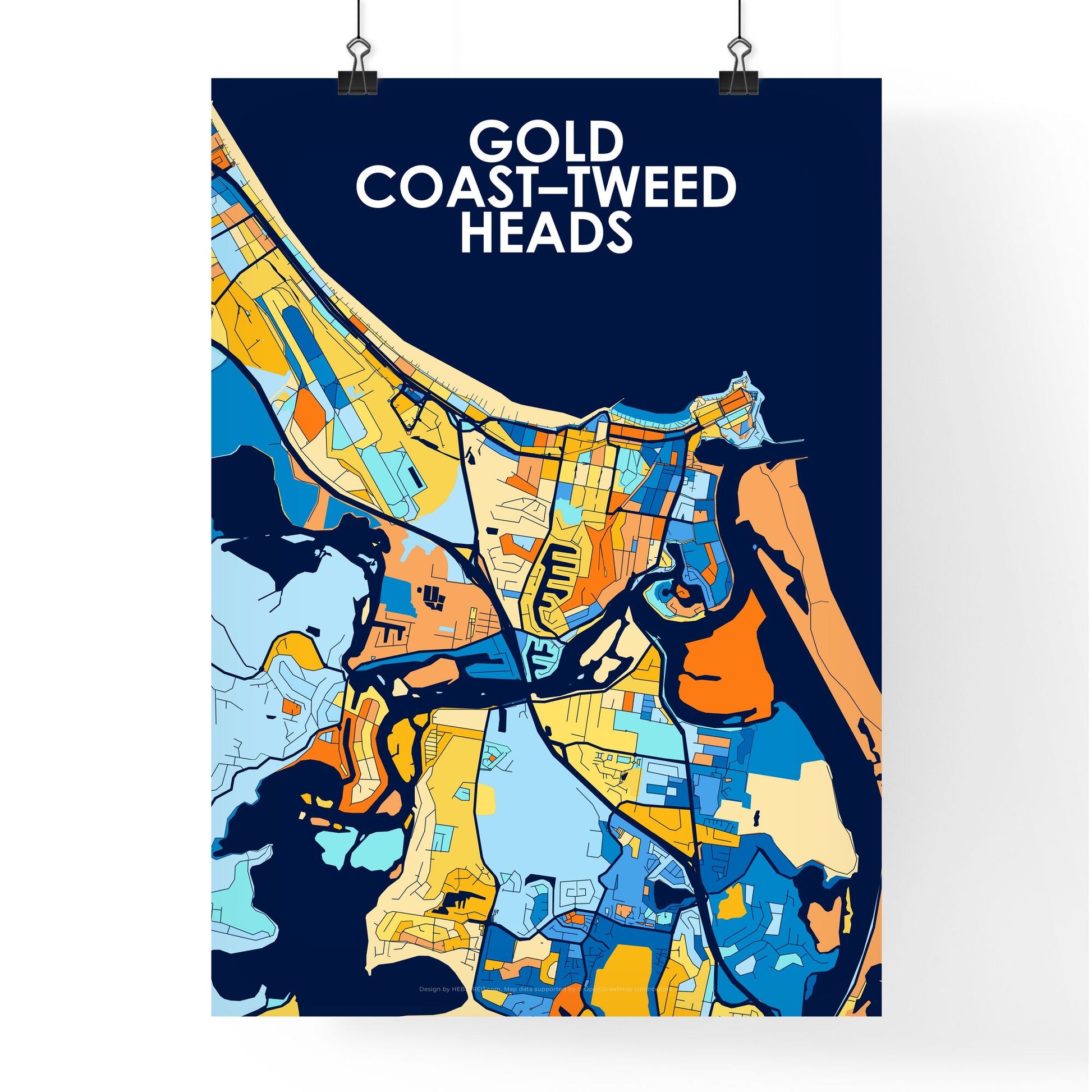 GOLD COAST–TWEED HEADS AUSTRALIA Vibrant Colorful Art Map Poster Blue Orange