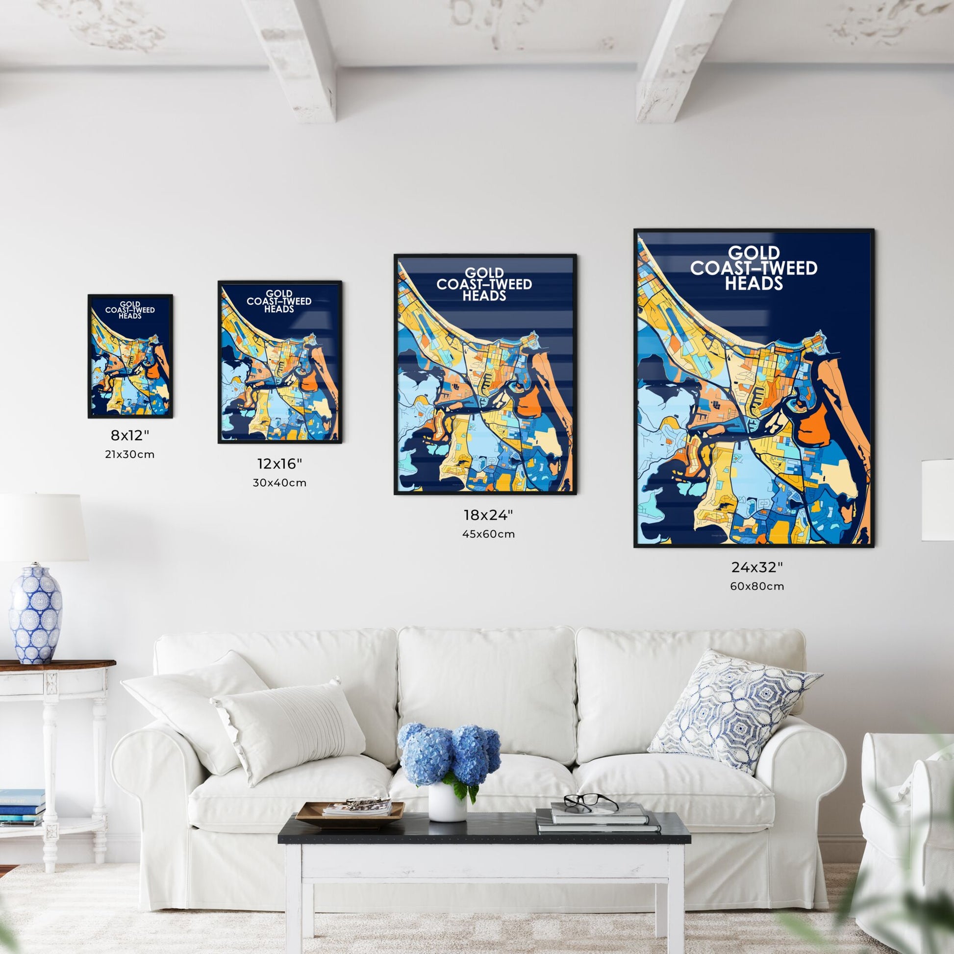 GOLD COAST–TWEED HEADS AUSTRALIA Vibrant Colorful Art Map Poster Blue Orange