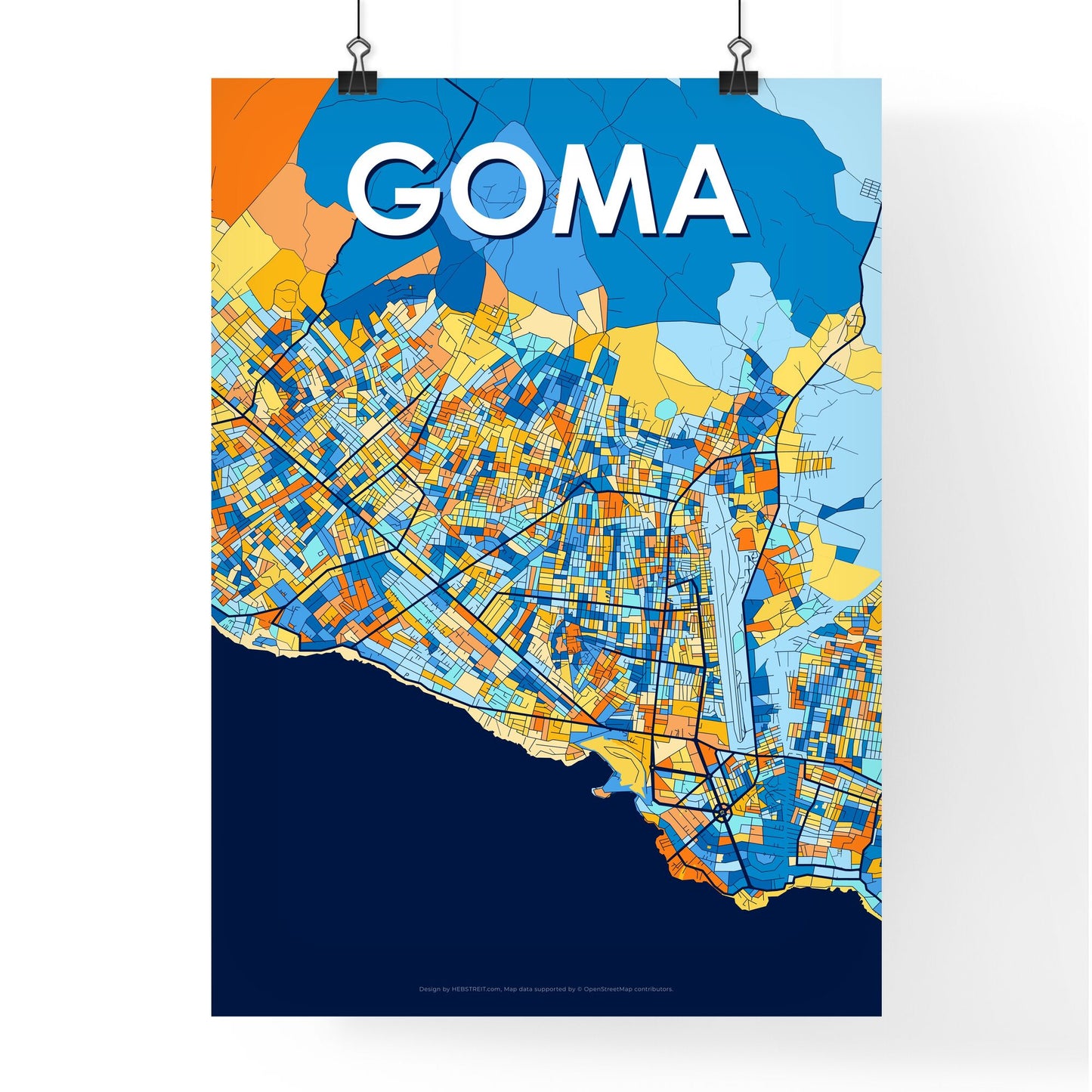 GOMA DR CONGO Vibrant Colorful Art Map Poster Blue Orange