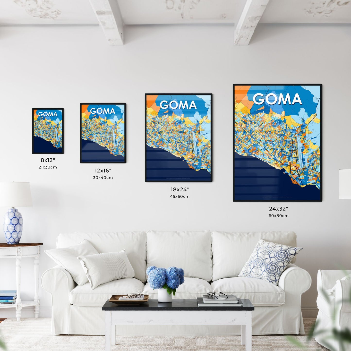 GOMA DR CONGO Vibrant Colorful Art Map Poster Blue Orange