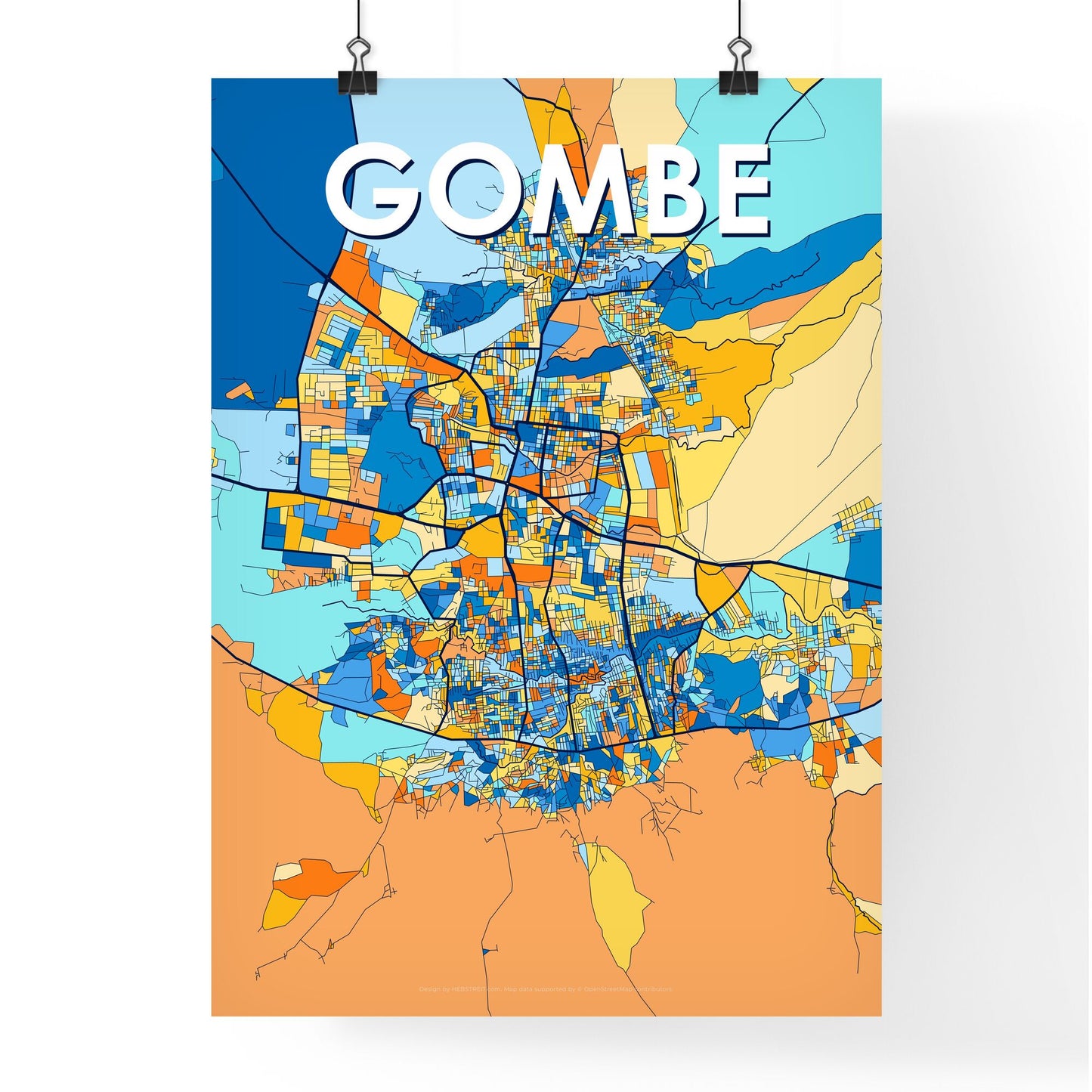 GOMBE NIGERIA Vibrant Colorful Art Map Poster Blue Orange