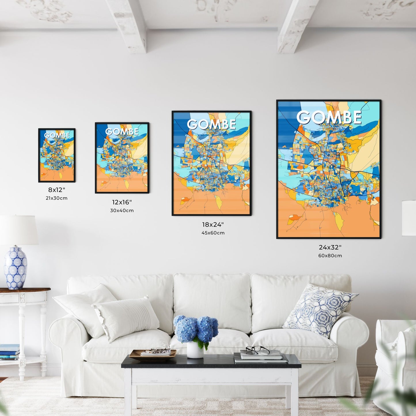 GOMBE NIGERIA Vibrant Colorful Art Map Poster Blue Orange