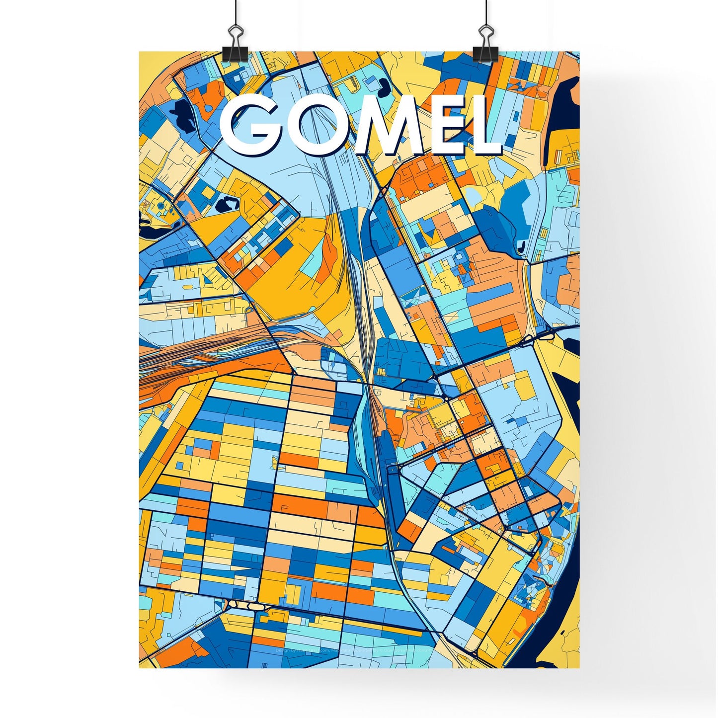 GOMEL BELARUS Vibrant Colorful Art Map Poster Blue Orange