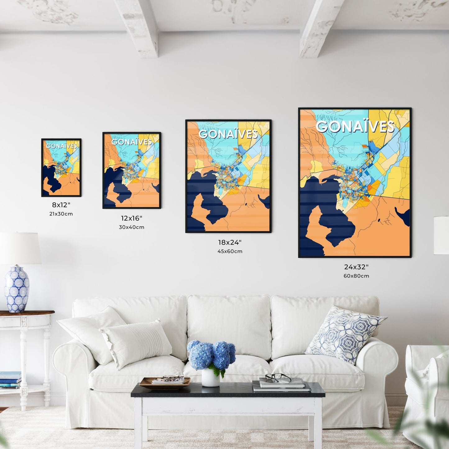 GONAÏVES HAITI Vibrant Colorful Art Map Poster Blue Orange