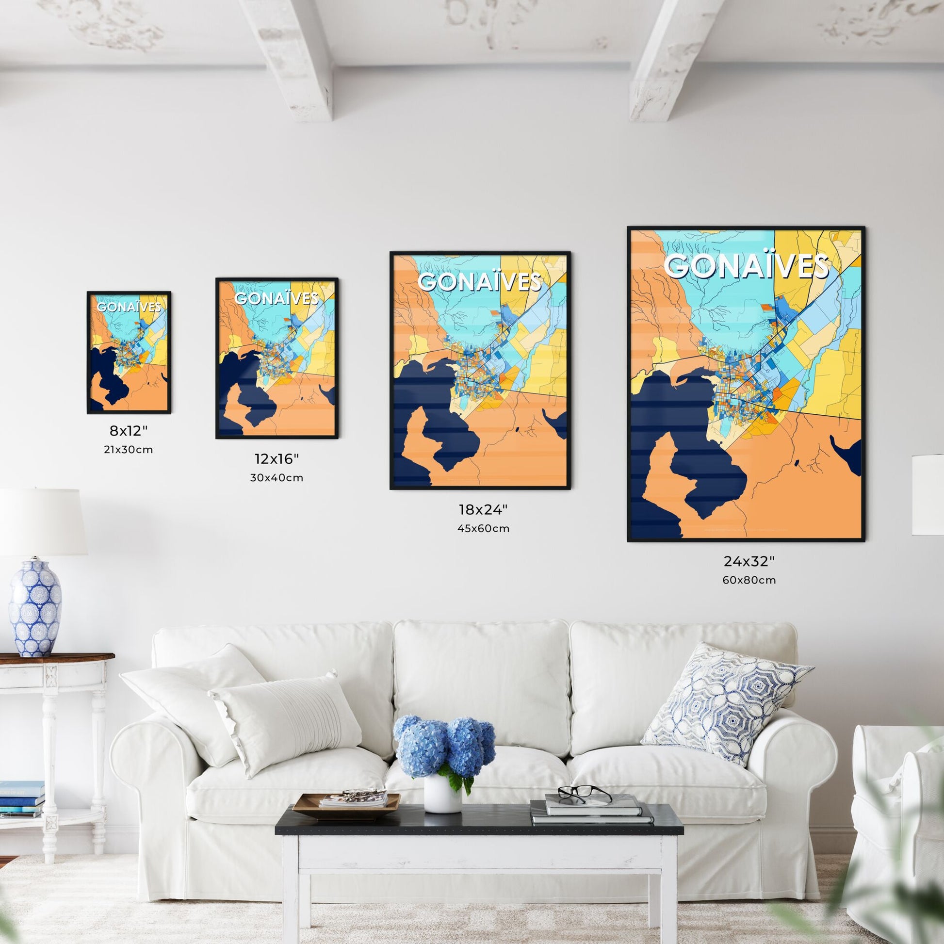 GONAÏVES HAITI Vibrant Colorful Art Map Poster Blue Orange