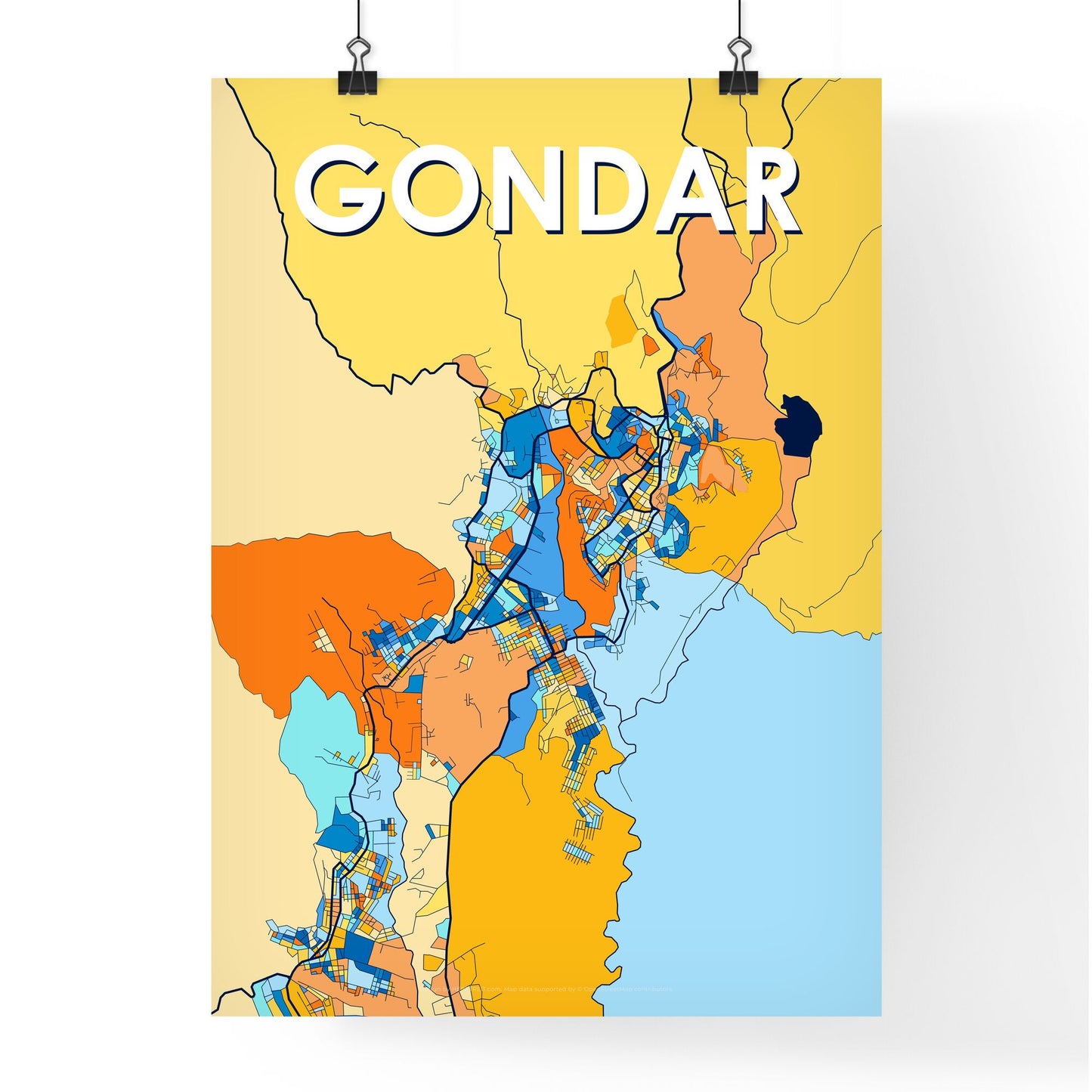 GONDAR ETHIOPIA Vibrant Colorful Art Map Poster Blue Orange