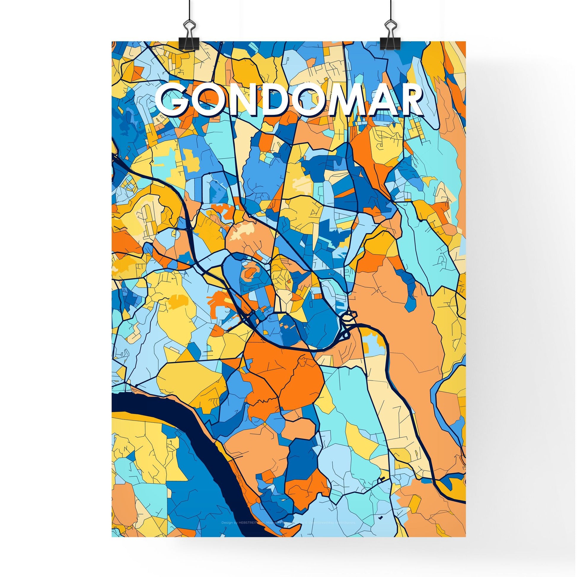 GONDOMAR PORTUGAL Vibrant Colorful Art Map Poster Blue Orange