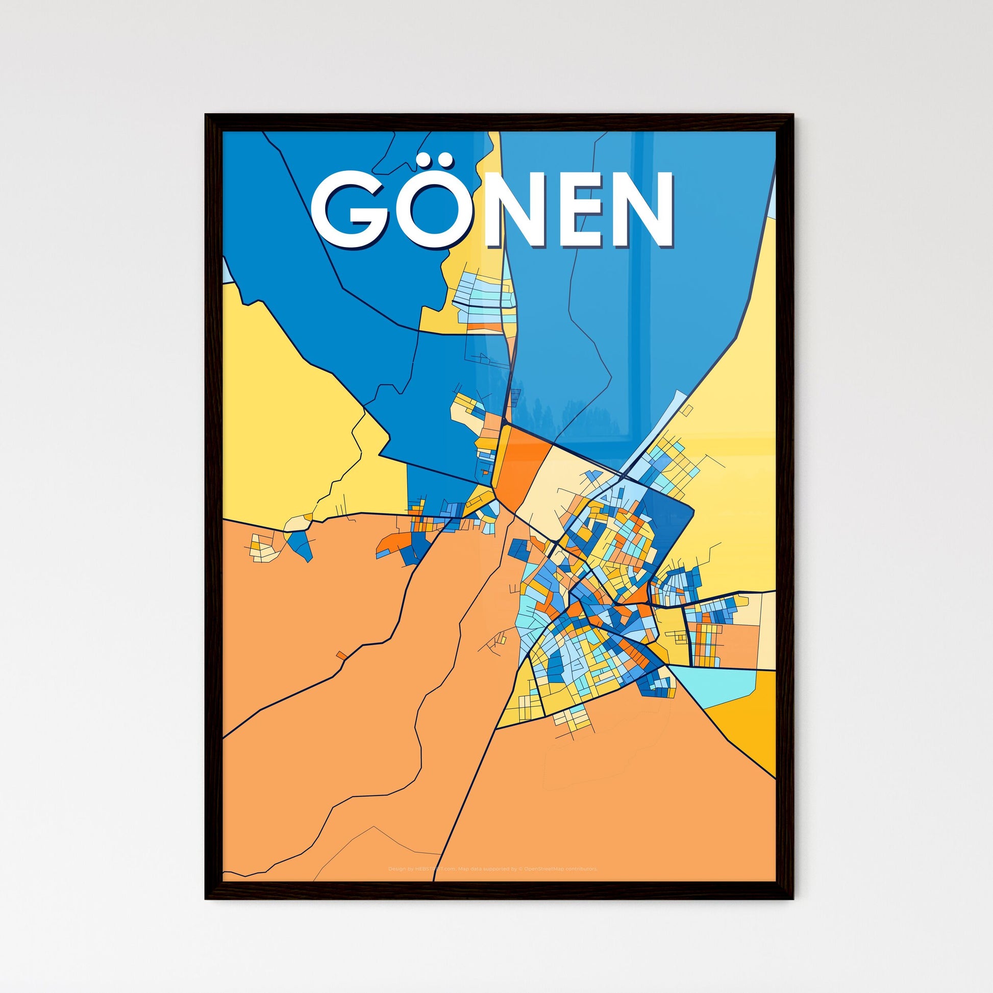 GÖNEN TURKEY Vibrant Colorful Art Map Poster Blue Orange