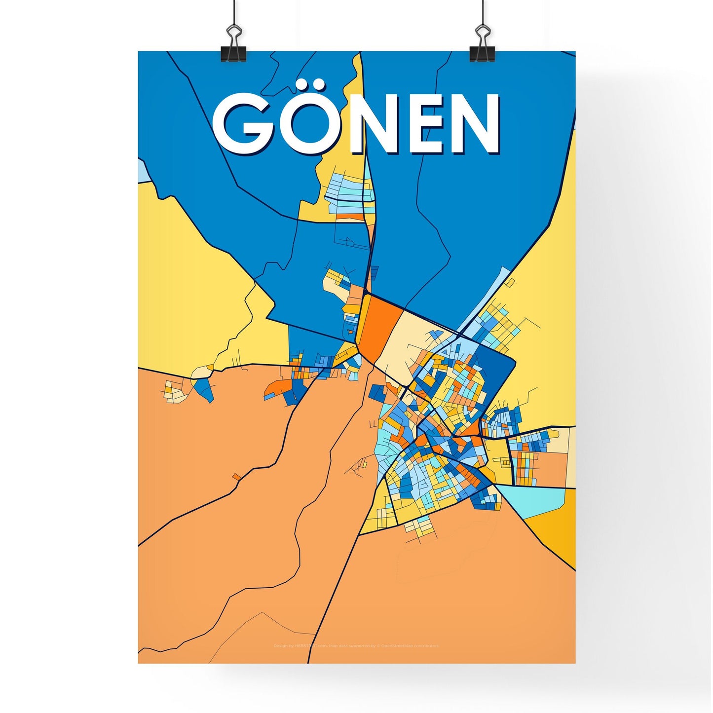 GÖNEN TURKEY Vibrant Colorful Art Map Poster Blue Orange