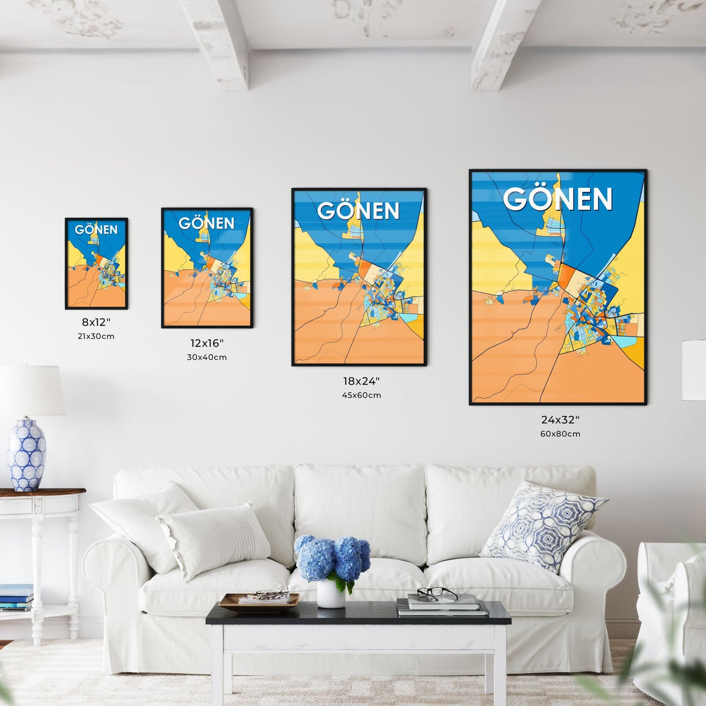 GÖNEN TURKEY Vibrant Colorful Art Map Poster Blue Orange