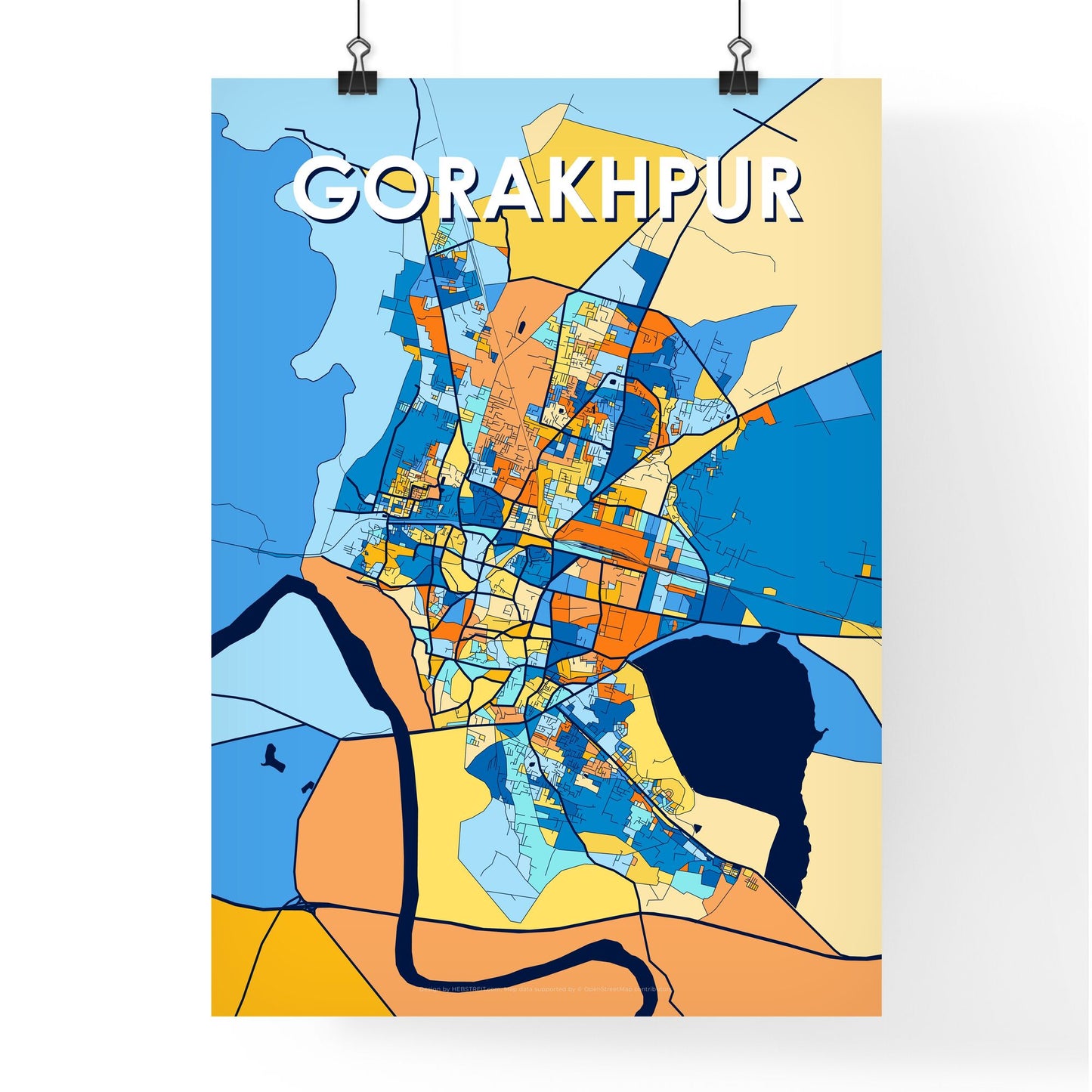 GORAKHPUR INDIA Vibrant Colorful Art Map Poster Blue Orange