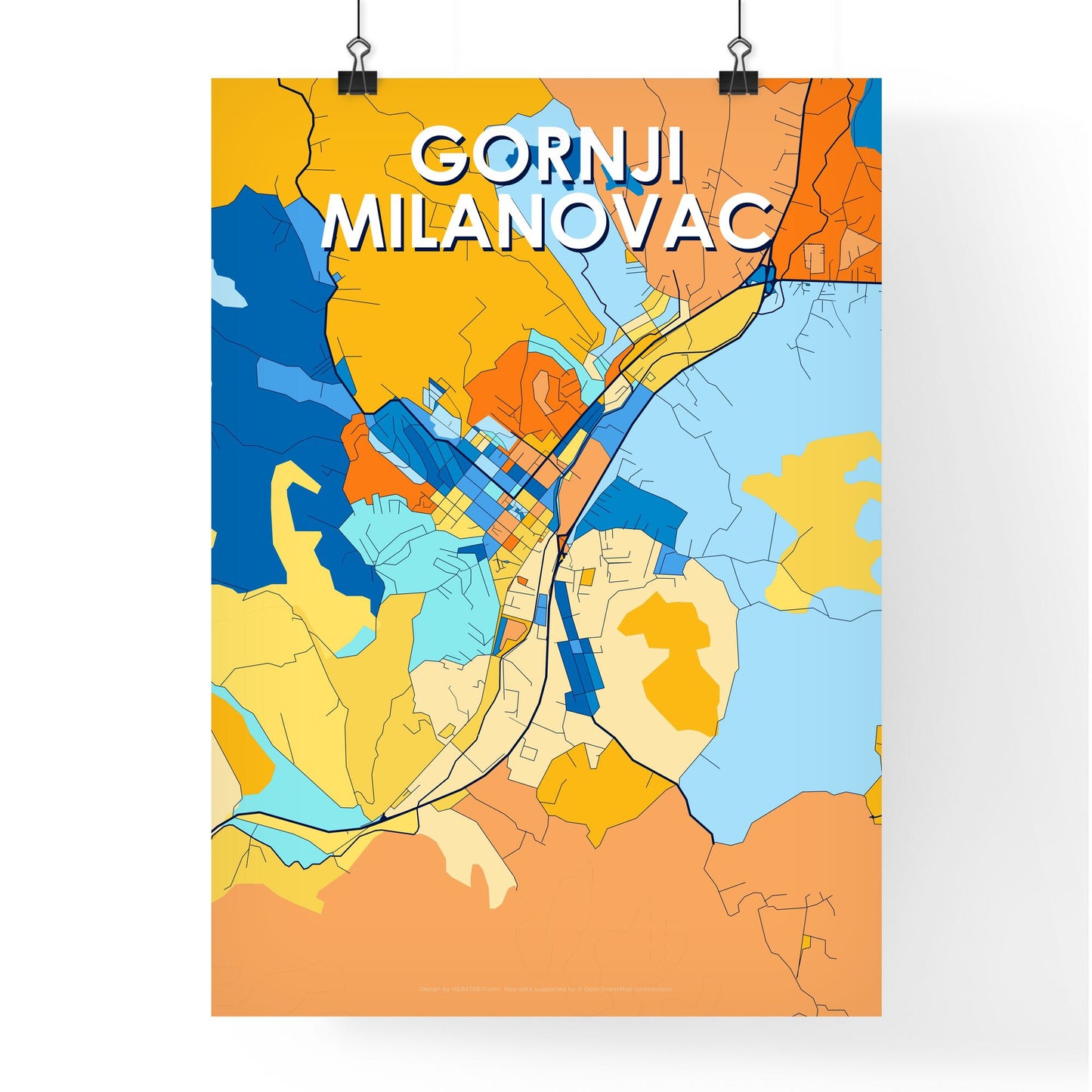 GORNJI MILANOVAC SERBIA Vibrant Colorful Art Map Poster Blue Orange