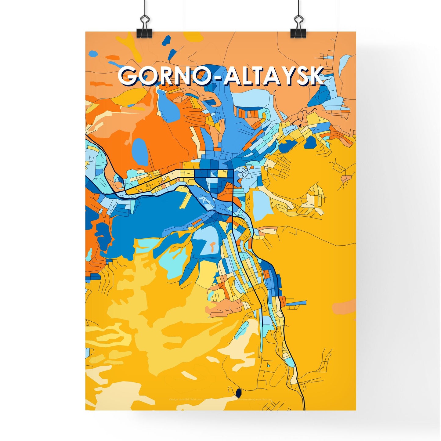 GORNO-ALTAYSK RUSSIA Vibrant Colorful Art Map Poster Blue Orange