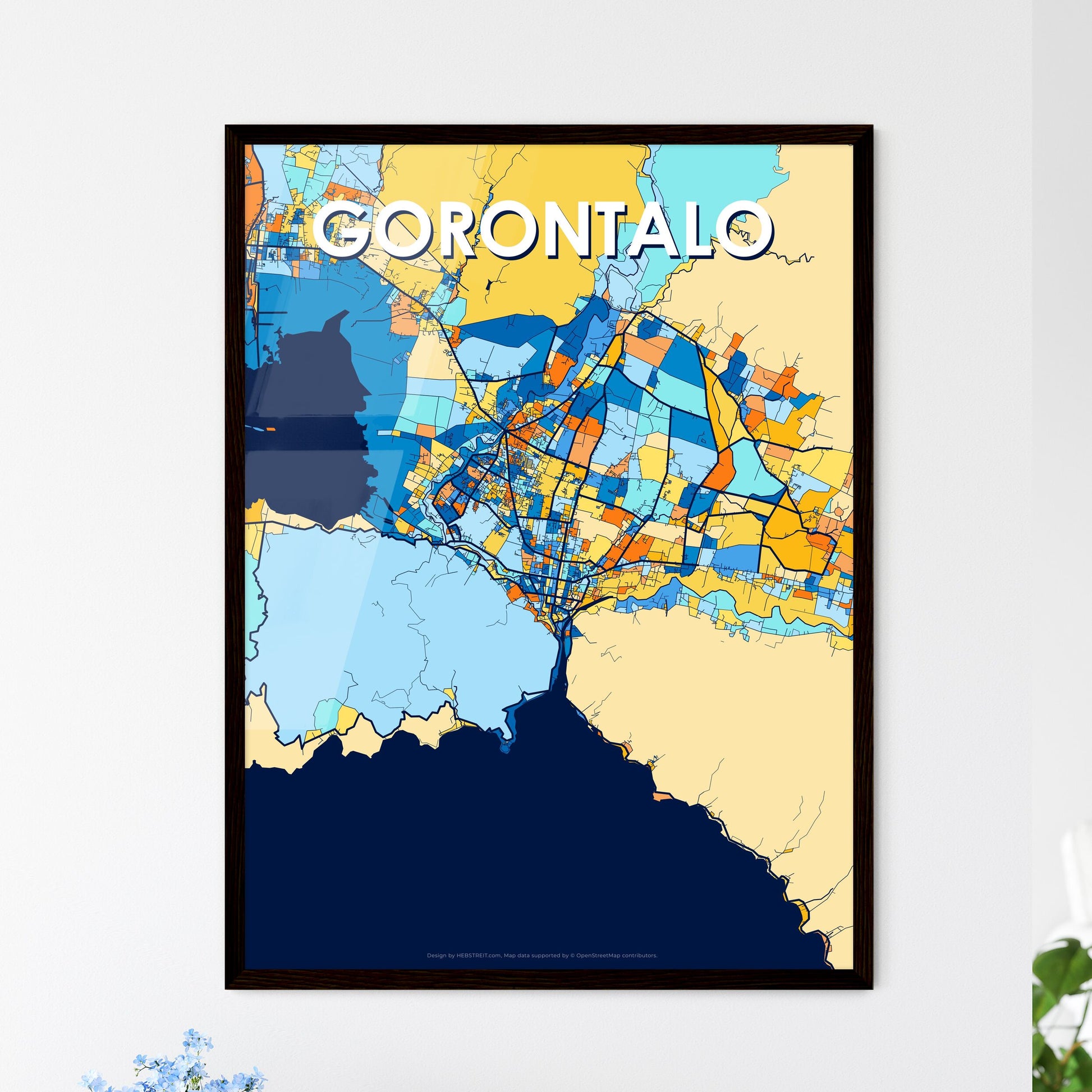 GORONTALO INDONESIA Vibrant Colorful Art Map Poster Blue Orange