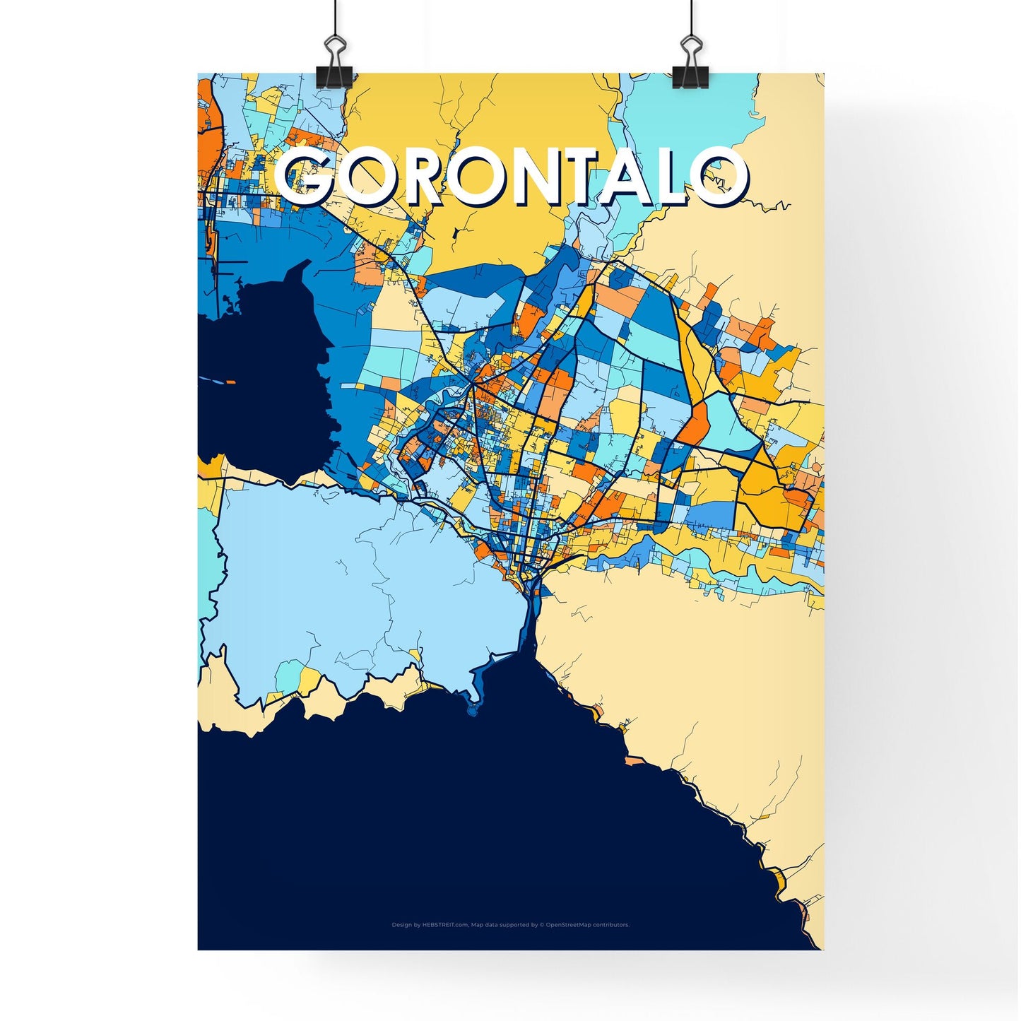 GORONTALO INDONESIA Vibrant Colorful Art Map Poster Blue Orange