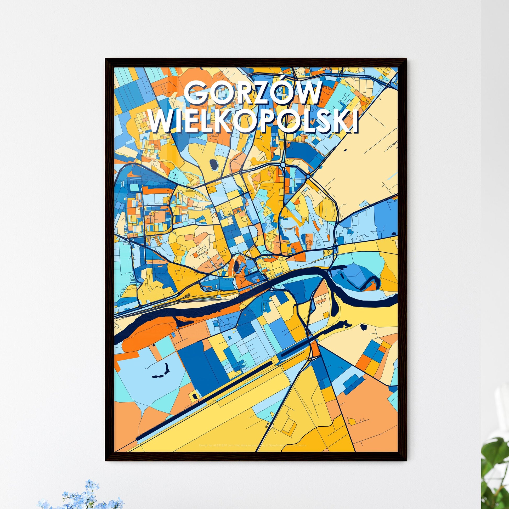 GORZÓW WIELKOPOLSKI POLAND Vibrant Colorful Art Map Poster Blue Orange