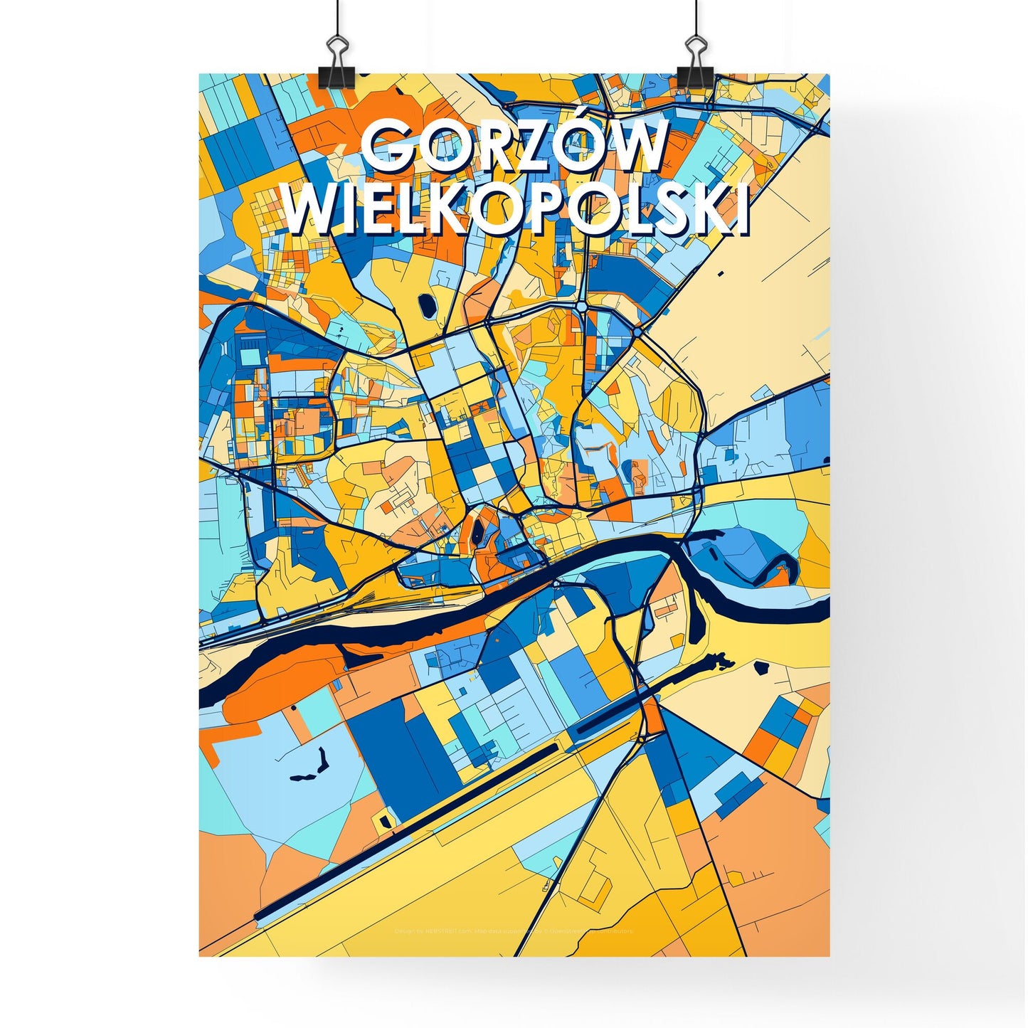 GORZÓW WIELKOPOLSKI POLAND Vibrant Colorful Art Map Poster Blue Orange