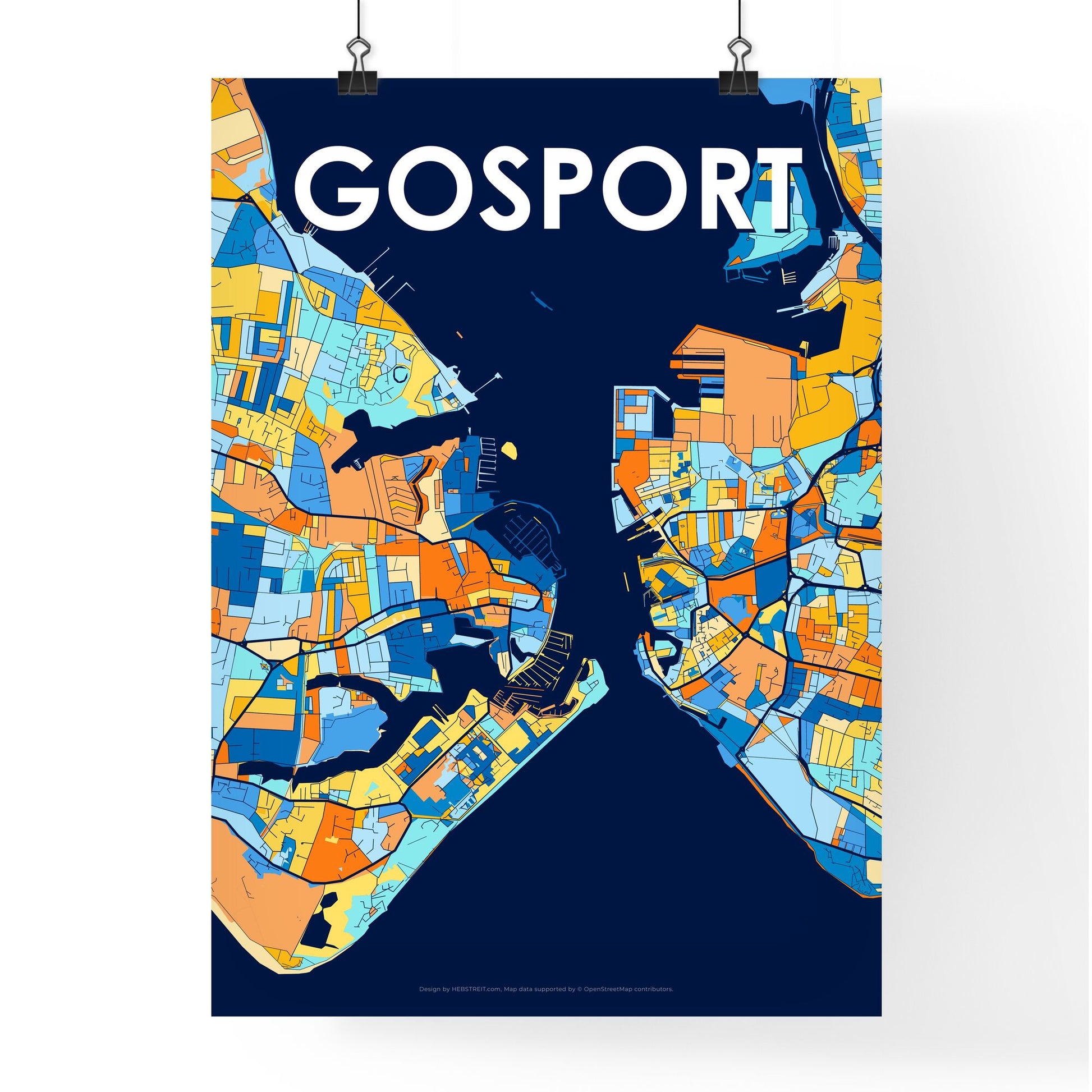 GOSPORT ENGLAND Vibrant Colorful Art Map Poster Blue Orange