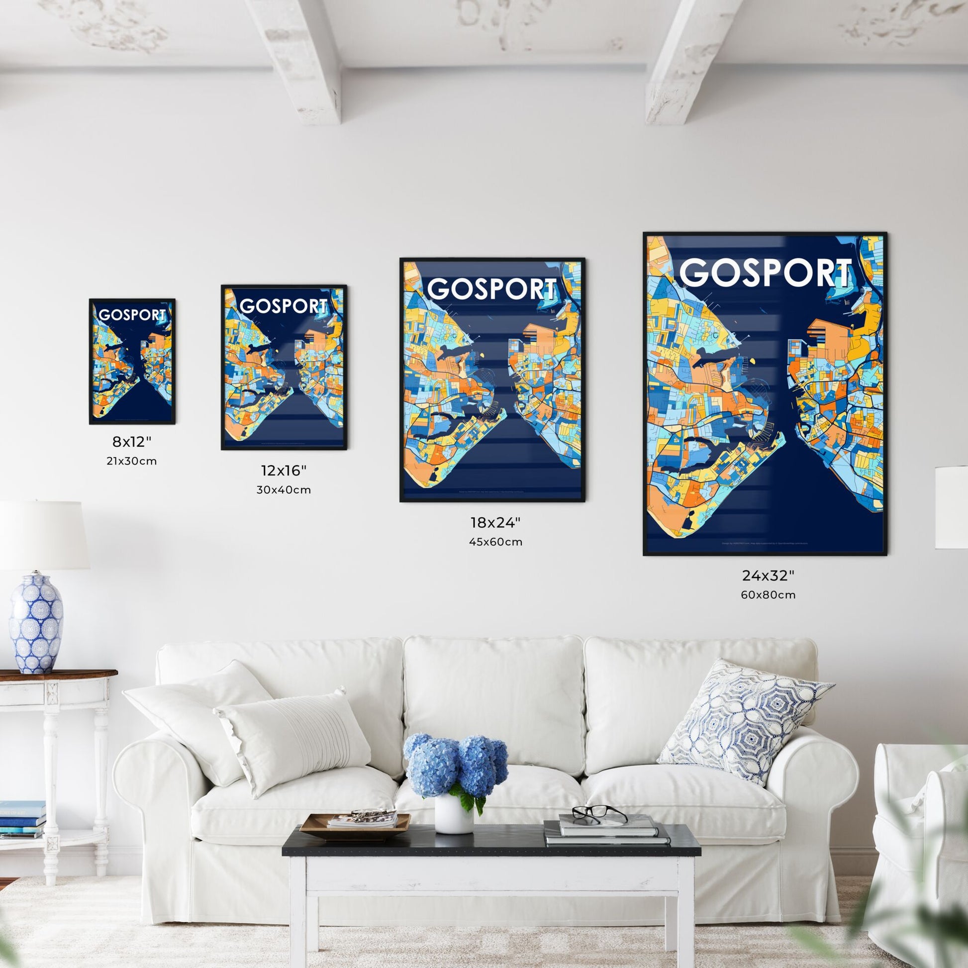 GOSPORT ENGLAND Vibrant Colorful Art Map Poster Blue Orange