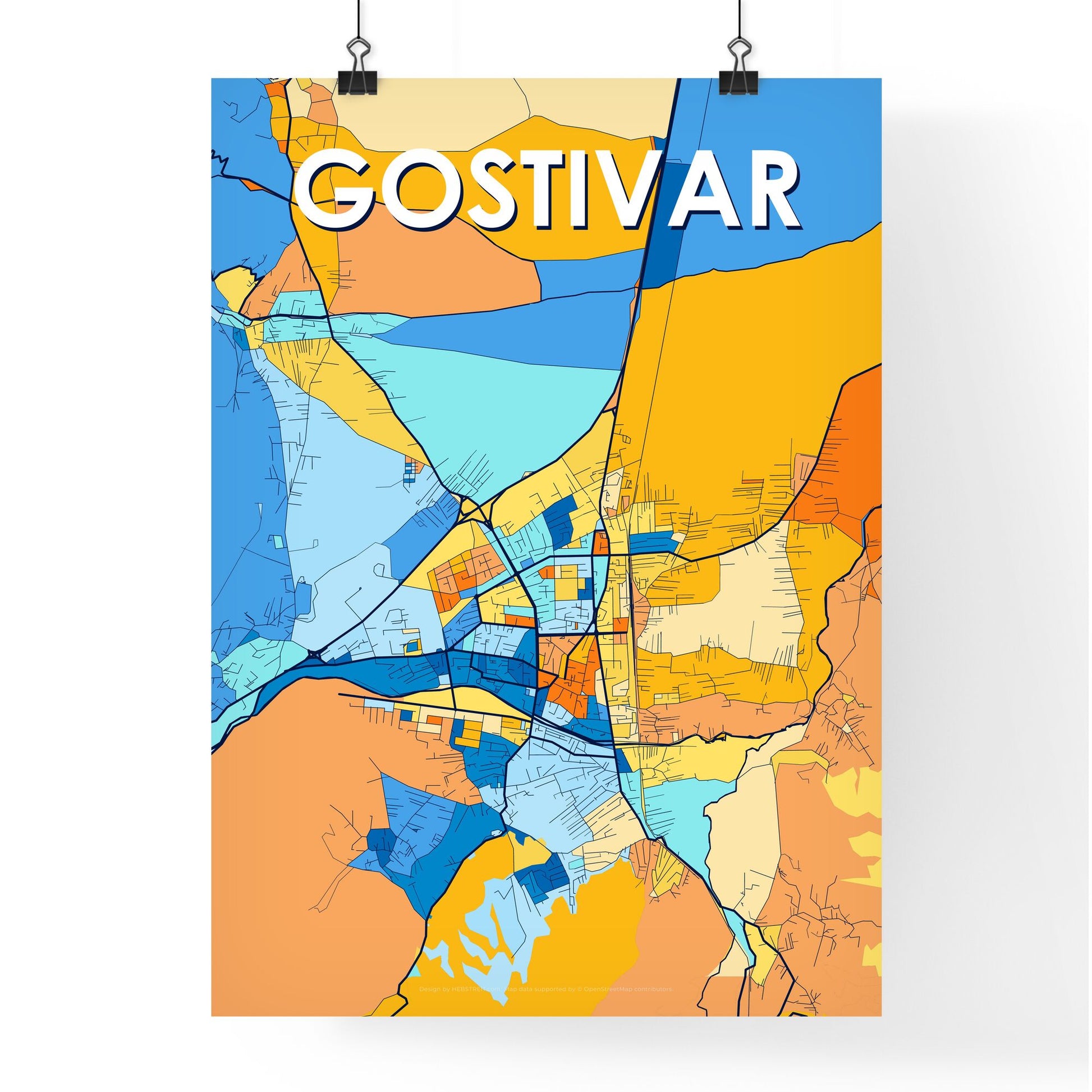 GOSTIVAR NORTH MACEDONIA Vibrant Colorful Art Map Poster Blue Orange