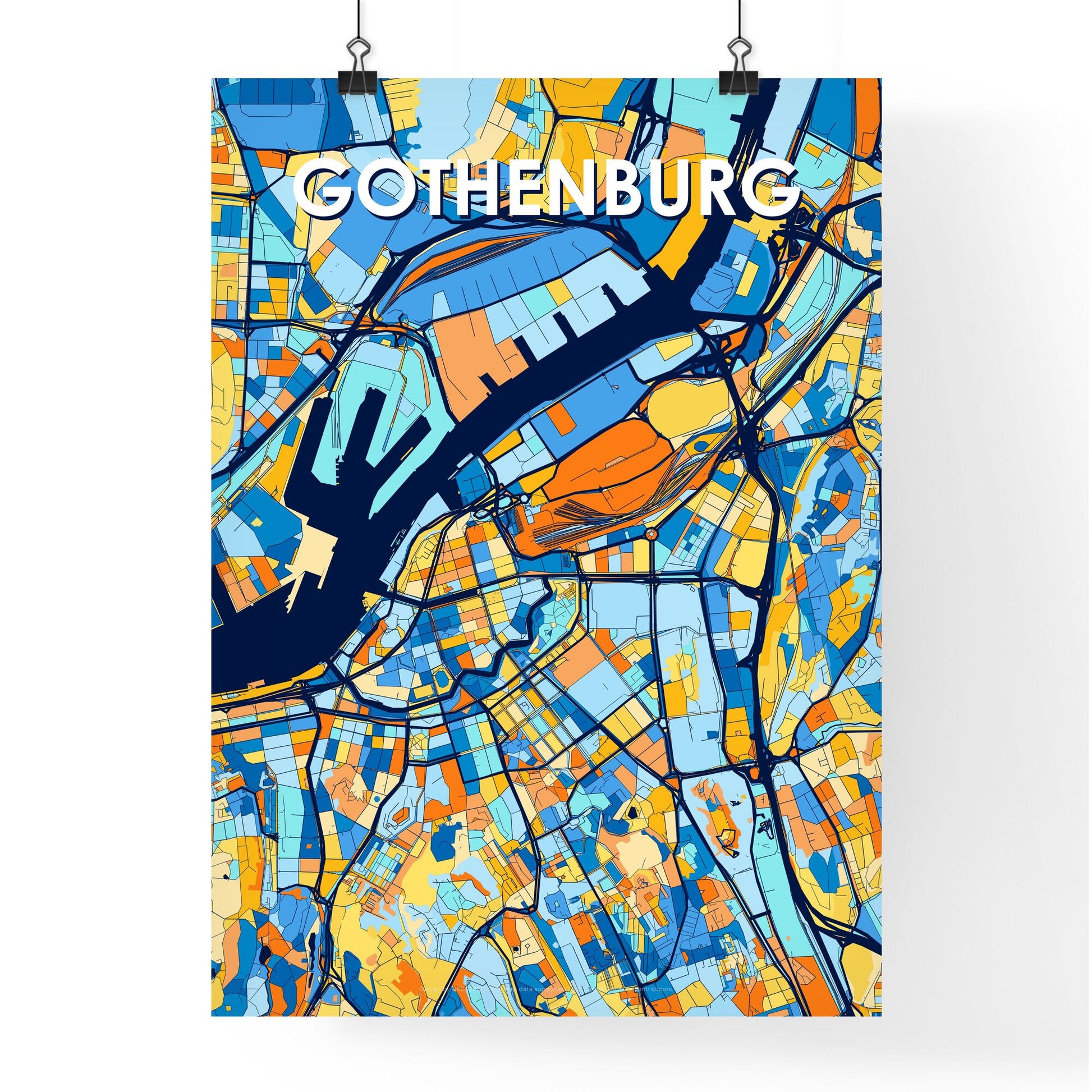 GOTHENBURG SWEDEN Vibrant Colorful Art Map Poster Blue Orange