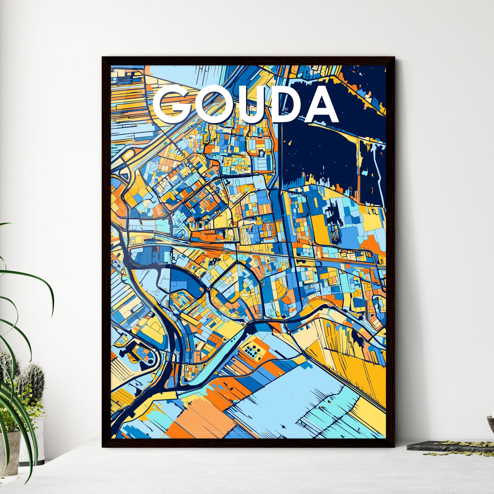 GOUDA NETHERLANDS Vibrant Colorful Art Map Poster Blue Orange