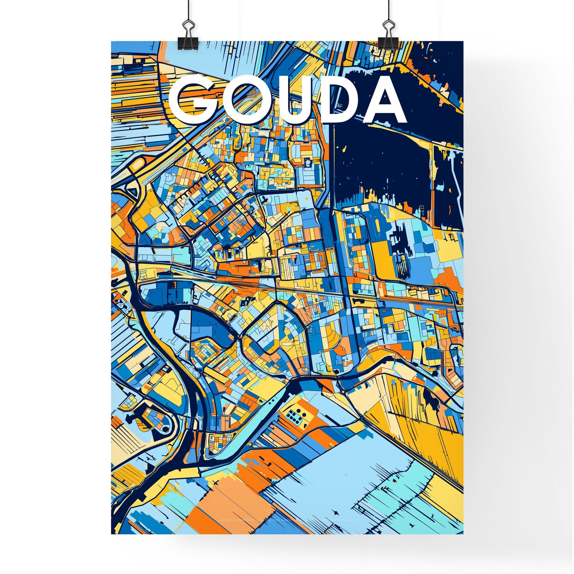 GOUDA NETHERLANDS Vibrant Colorful Art Map Poster Blue Orange